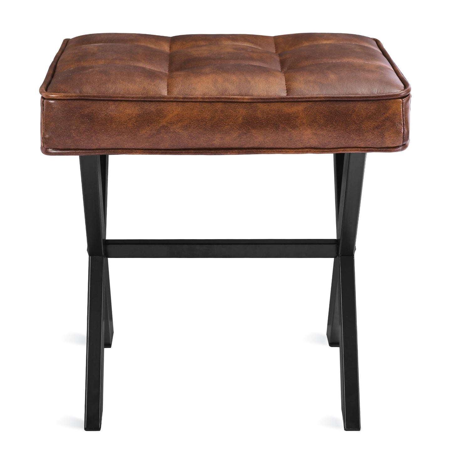 LUE BONA Vanity Stool, Square Faux Leather Makeup Stool with Metal X Legs, Small Ottoman Stool Chair for Vanity, Modern Padded Vanity Seat Foot Rest Stool for Makeup Room, Living Room, Reddish Brown