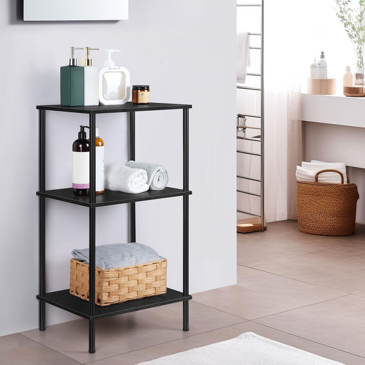 ETELI Tall Side Table with Storage 3 Tier Black End Table Metal Storage Shelves for Living Room Bedroom Bathroom Small Slim Table for Office