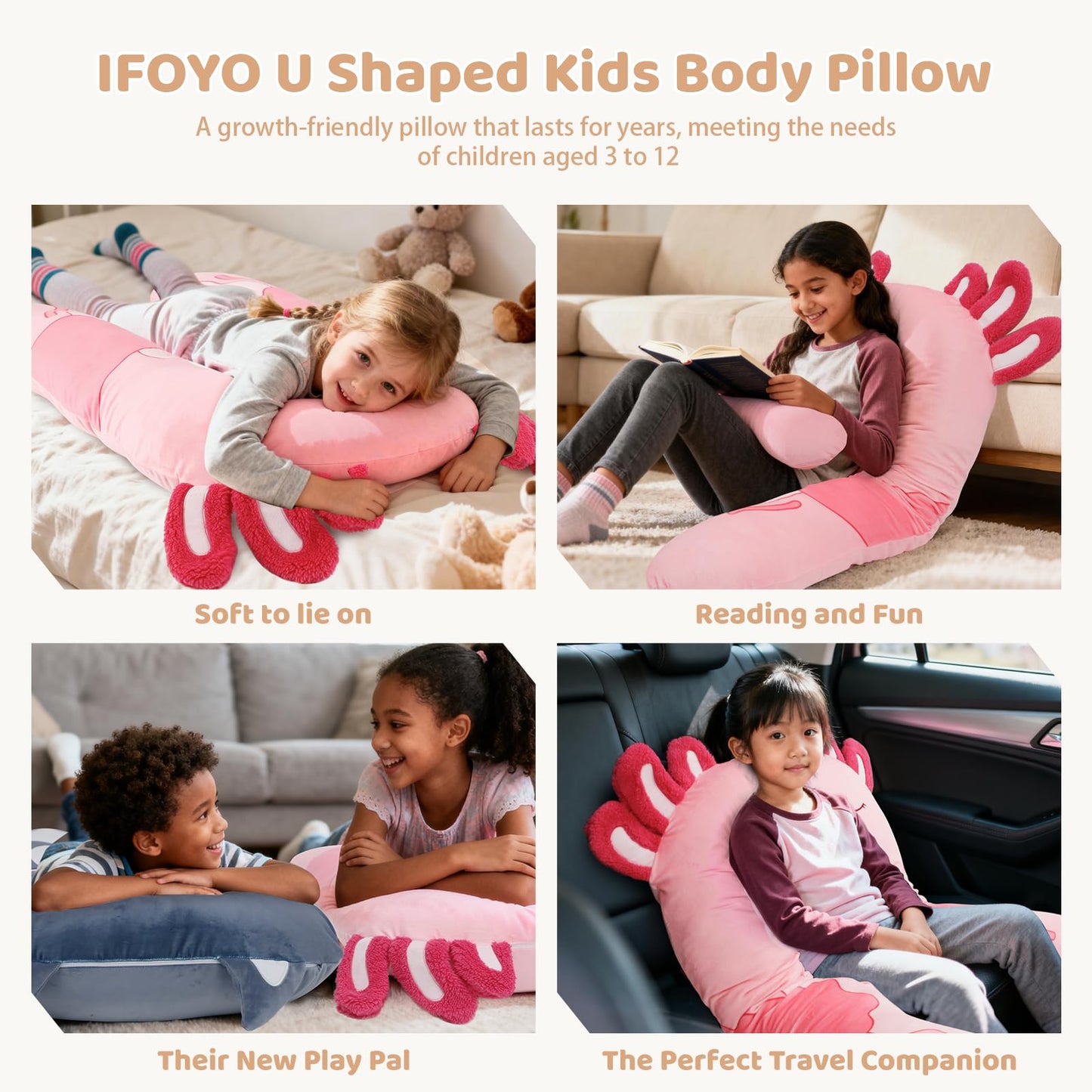 IFOYO Axolotl U-Shape Kids Body Pillow, 43" Minky Kids Full Body Pillow for Sleeping, Reading, ADHD & Sensory Relief, Kid Animal Cuddle Pillows Washable Cover Snuggle Fun Hug Gift for Boys & Girls