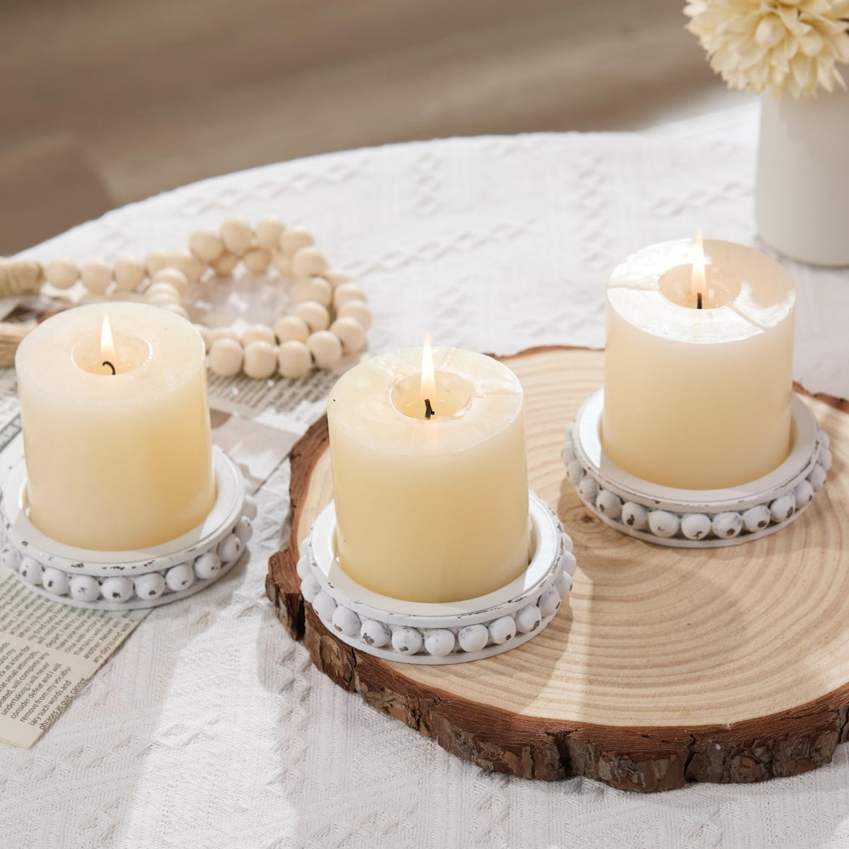THORNIA Wooden Candle Holders for Pillar Candles, Set of 3 Wood Beaded Plate with Metal Cup Inserts, 4 Inch Rustic Farmhouse Tray Stand for Fireplace Mantel, Table Centerpiece Decor - White