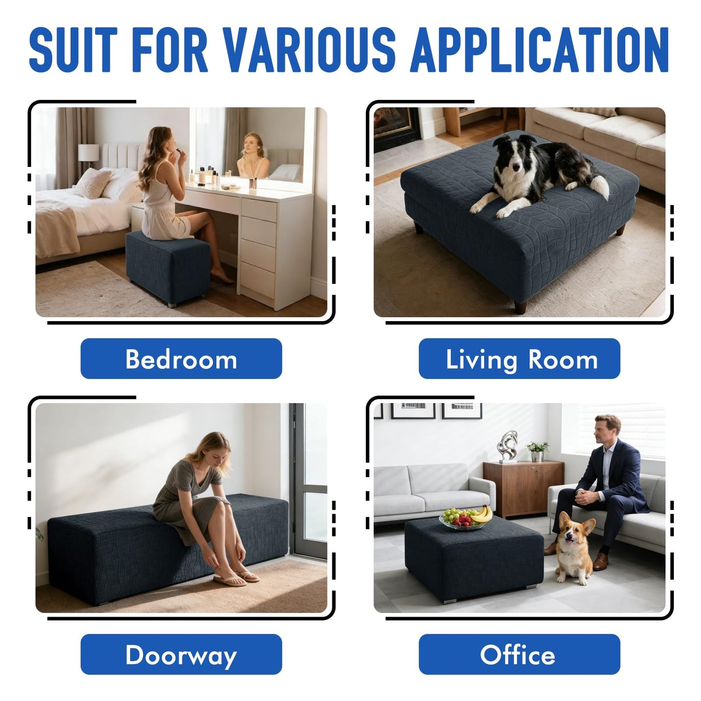 MAXIJIN Waterproof Ottoman Cover Rectangle Stretch Ottoman Slipcovers Square Thick Stool Covers Storage Footrest Furniture Protector with Non-Slip Elastic Bottom (Small, Dark Gray)