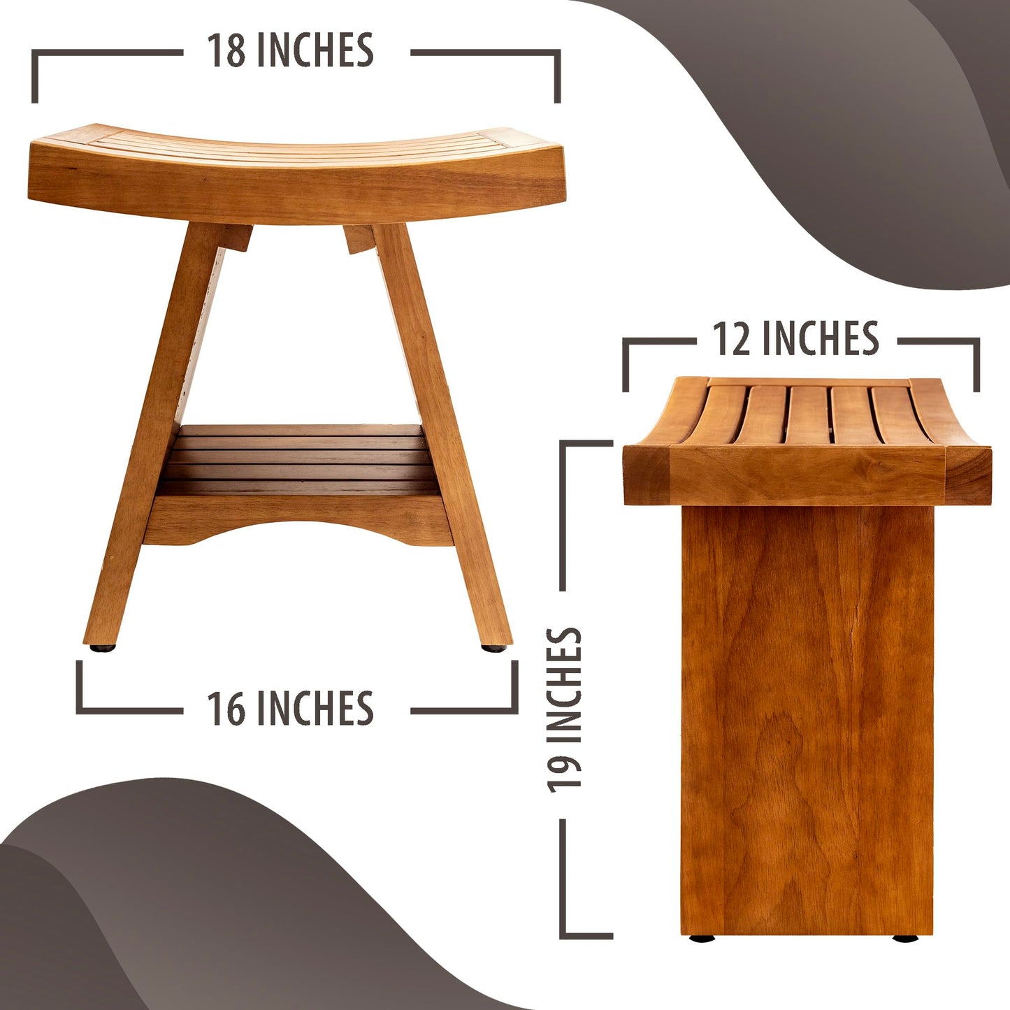 Purteak Teak Shower Bench, 450 Pound Capacity Shower Stool, Water Resistant 18 Inches Solid Wood Seat, Teak Wooden Stool for Inside to Sit On, Extra Sturdy and Slip Resistant Seat