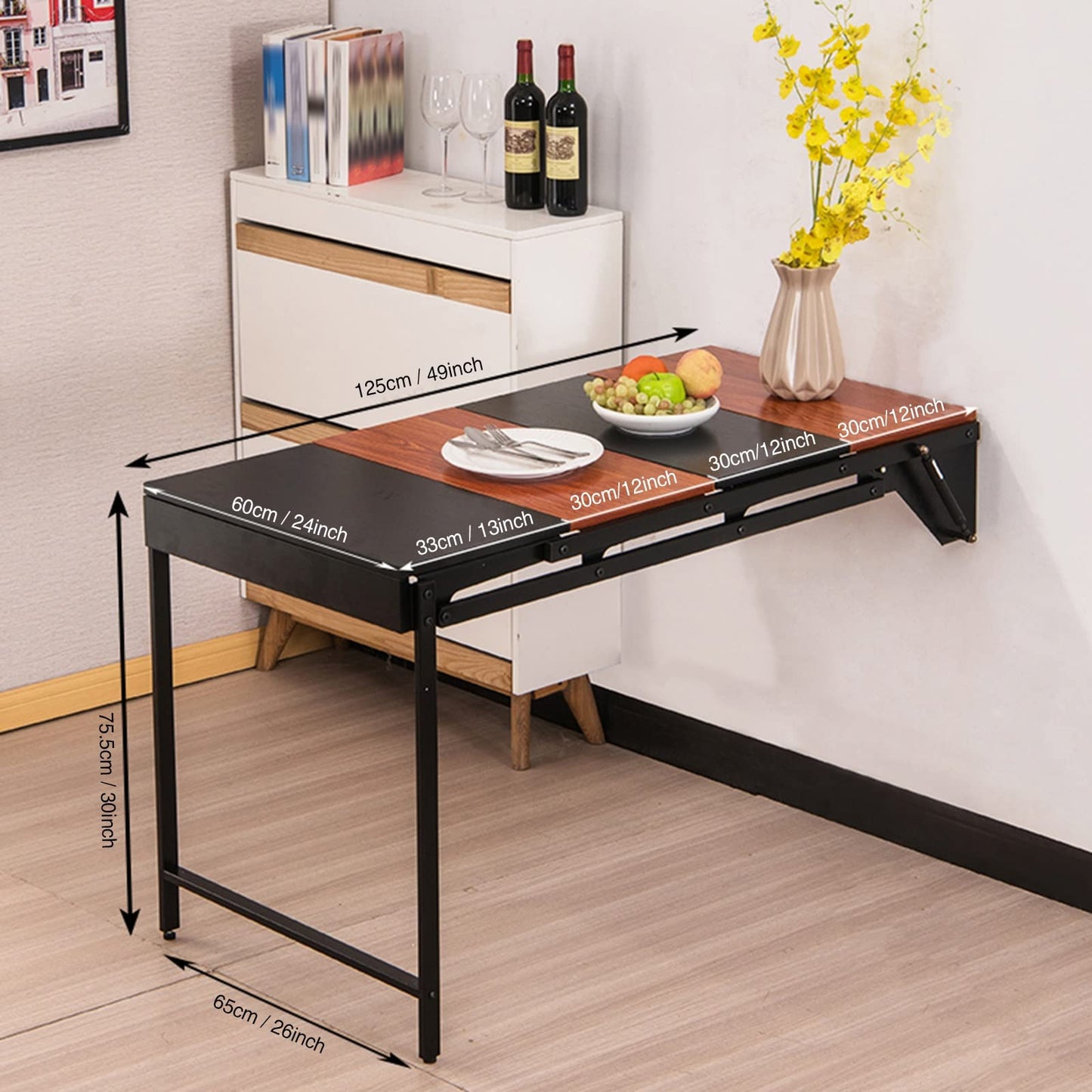 Space-Saving Wall Mounted Folding Desk, Multi-Functional Murphy Table, Convertible Kitchen & Laundry Table with Floating Shelves, Stylish Wooden Design for Home & Office