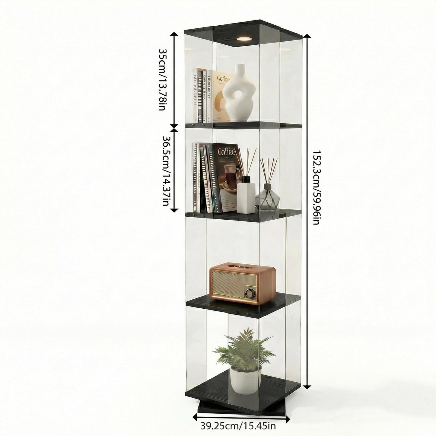 ZIHUASHENG 360° Rotating Glass Display Cabinet with LED Lights, Tempered Glass Curio Cabinet with Rotating Base, Modern Display Case for Collectibles, Figurines, Home Decor-Black