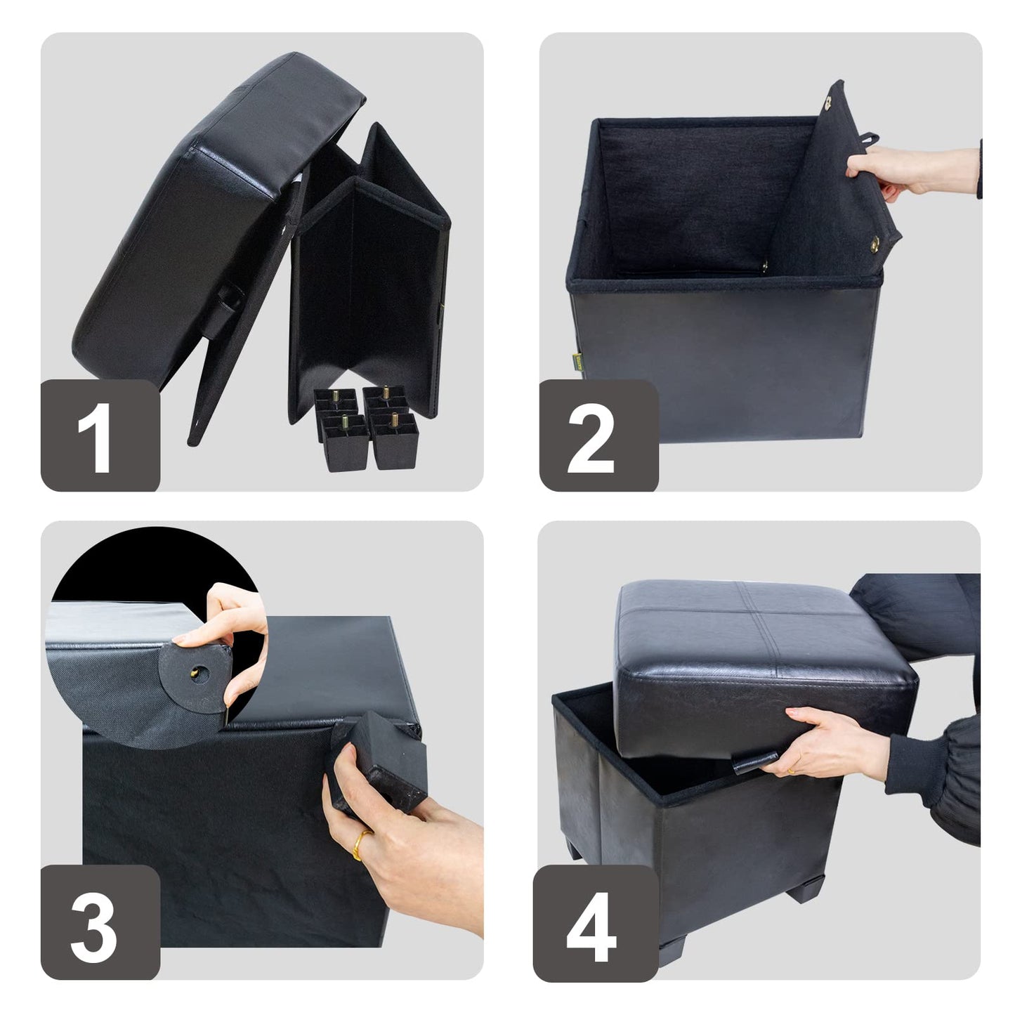 GLAXYFUR Storage Ottoman Cube Folding Footstool PU Leather Storage Bench with Legs, Storage Chest for Living Room, Bedroom, 15.7 x 15.7 x15.7 Inches, Black
