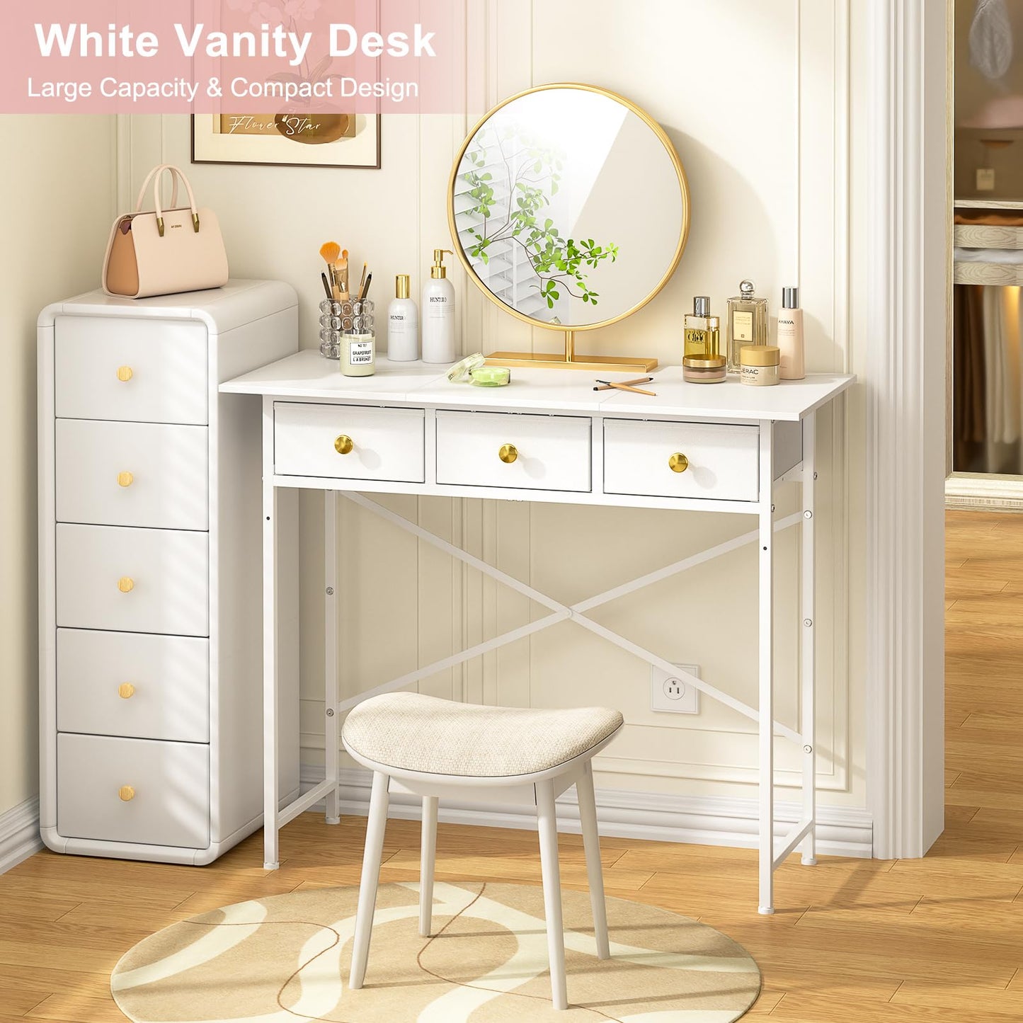 DAOUTIME Makeup Vanity Desk No Mirror, 37.2 Inch Vanity with 3 Drawers, Girls Vanity Dressing Table for Bedroom, Small Vanity Table Home Office Desk for Small Spaces, White
