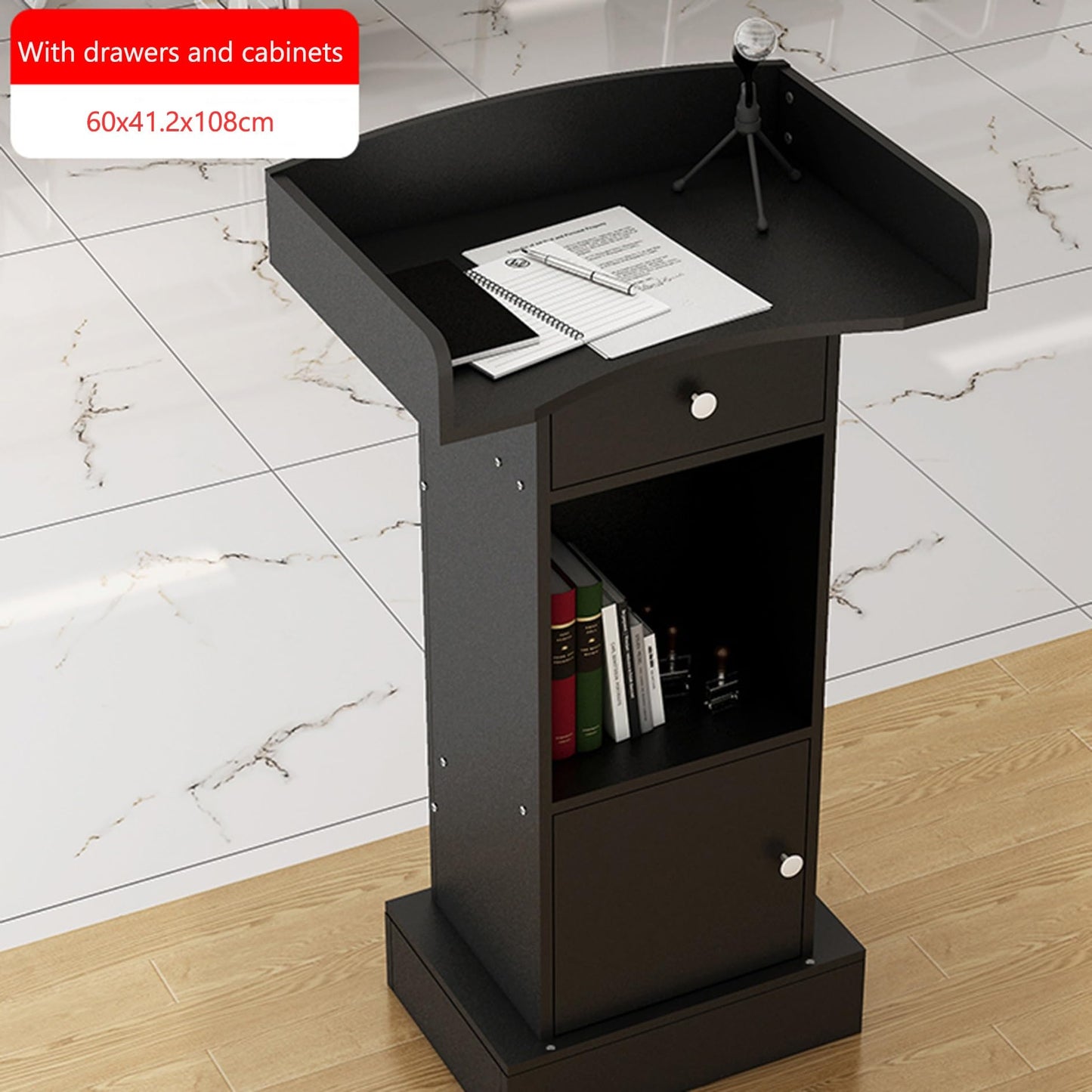 Free-Standing Acrylic Metal Podium Stand,Lecture Pulpit,Lectern Podium Stand, Reception Counter Desk Podium Stand for Classroom Modern Checkout Stand with Wooden Base and Tall Table Design f
