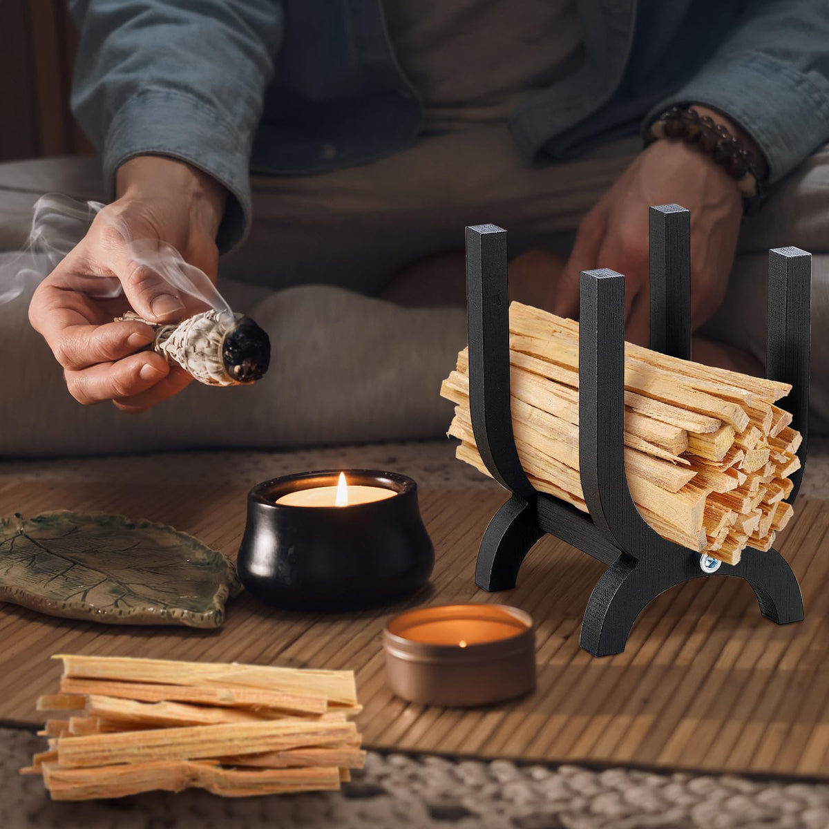 2 Pack Wooden Palo Santo Holder Incense Storage with Matches for Palo Santo Sticks Sage for Meditation Zen Rituals Spiritual Decor Yoga Mindfulness Aromatherapy, Not Include Stick