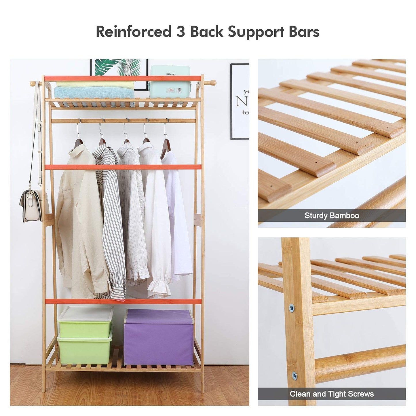 Ufine Bamboo Clothes Hanging Rack with 2 Tier Storage Shelves, 2 Coat Hooks