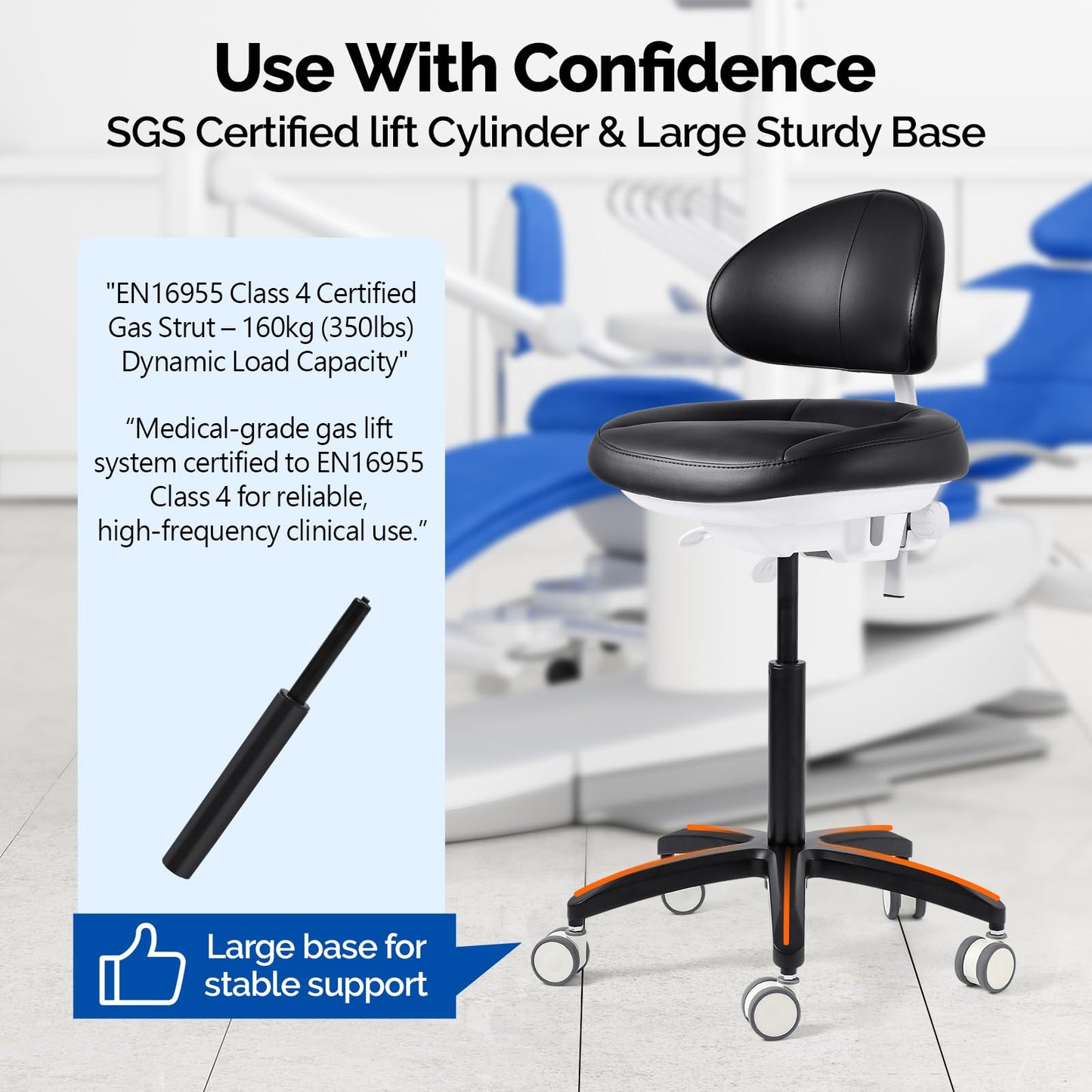 JMU Dental Stool, Adjustable Height Rolling Stool with Backrest, 350lbs Load Capacity Microfiber Leather, for Medical Clinic Lab Tattoo Salon, Black