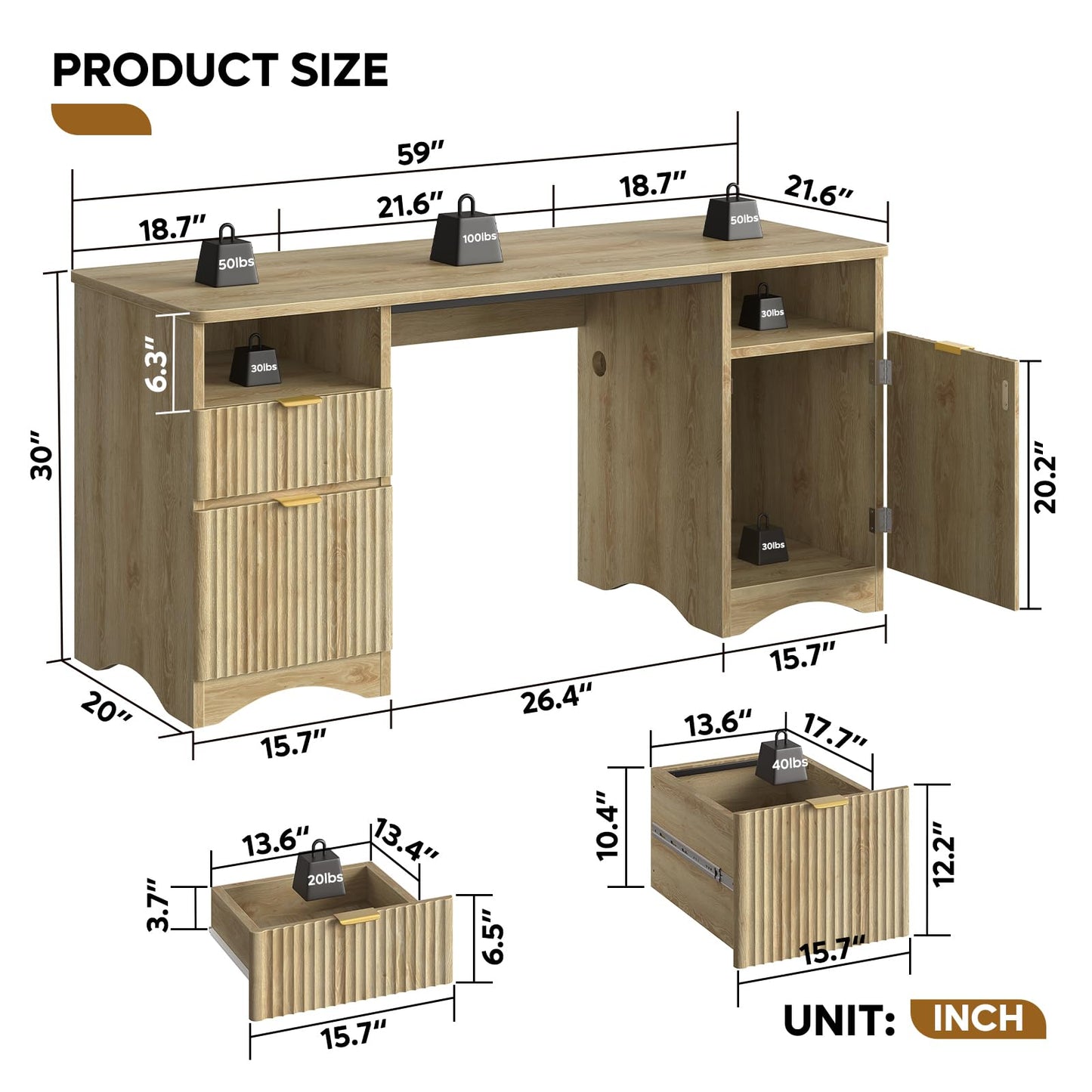 Bestier Computer Desk with 2 Drawer, 59 inch Office Desk with Storage Cabinet & 2 Open Storage, Fluted Executive Desk for Home Office & Studio, Brown Oak