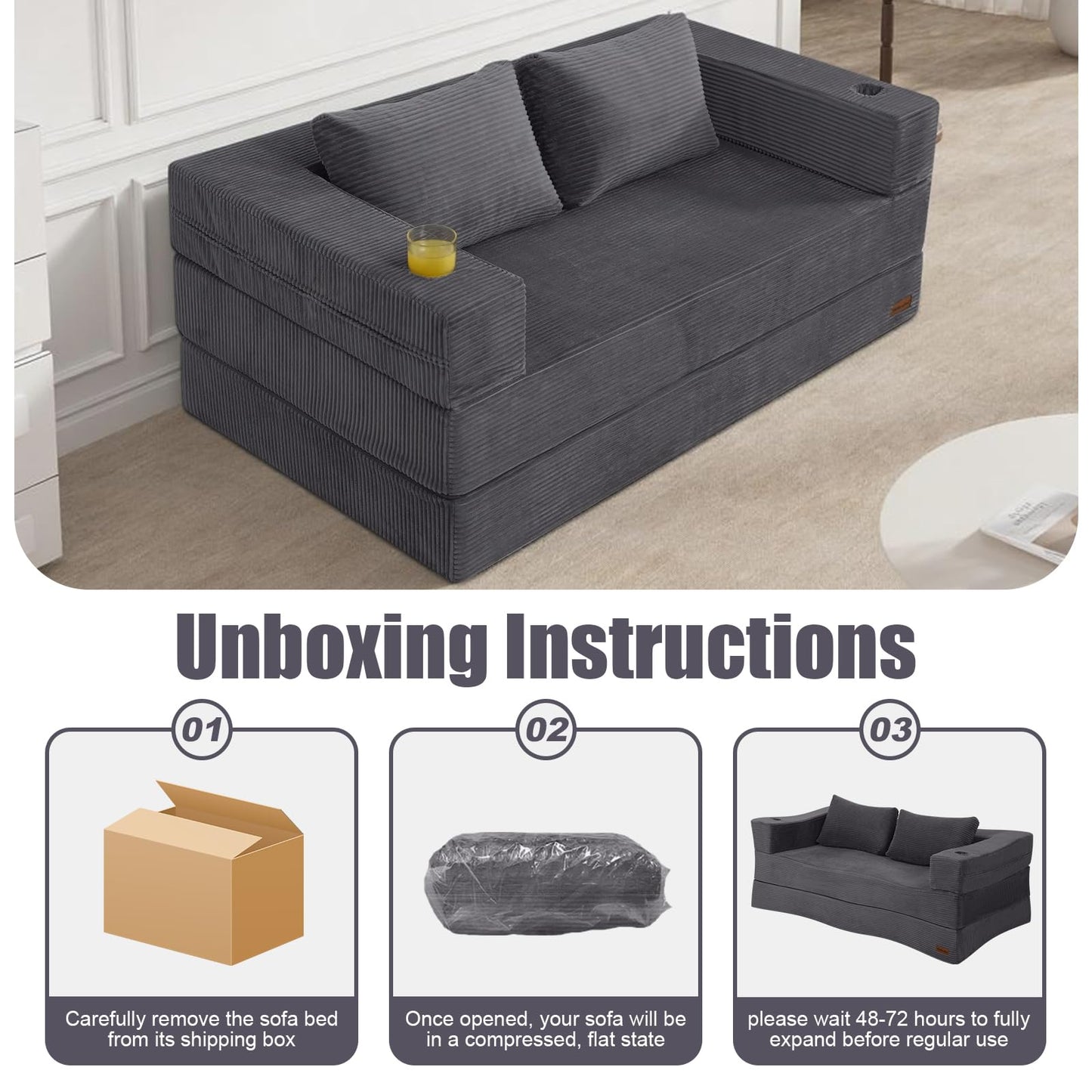 MeMoreCool Futon Couch Convertible Sofa Bed Queen, Folding Floor Couch Bed with Pillow, Corduroy Grey Foldable Sofa Sleeper, Fold Out Boneless Loveseat Lounge for Living Room Small Spaces