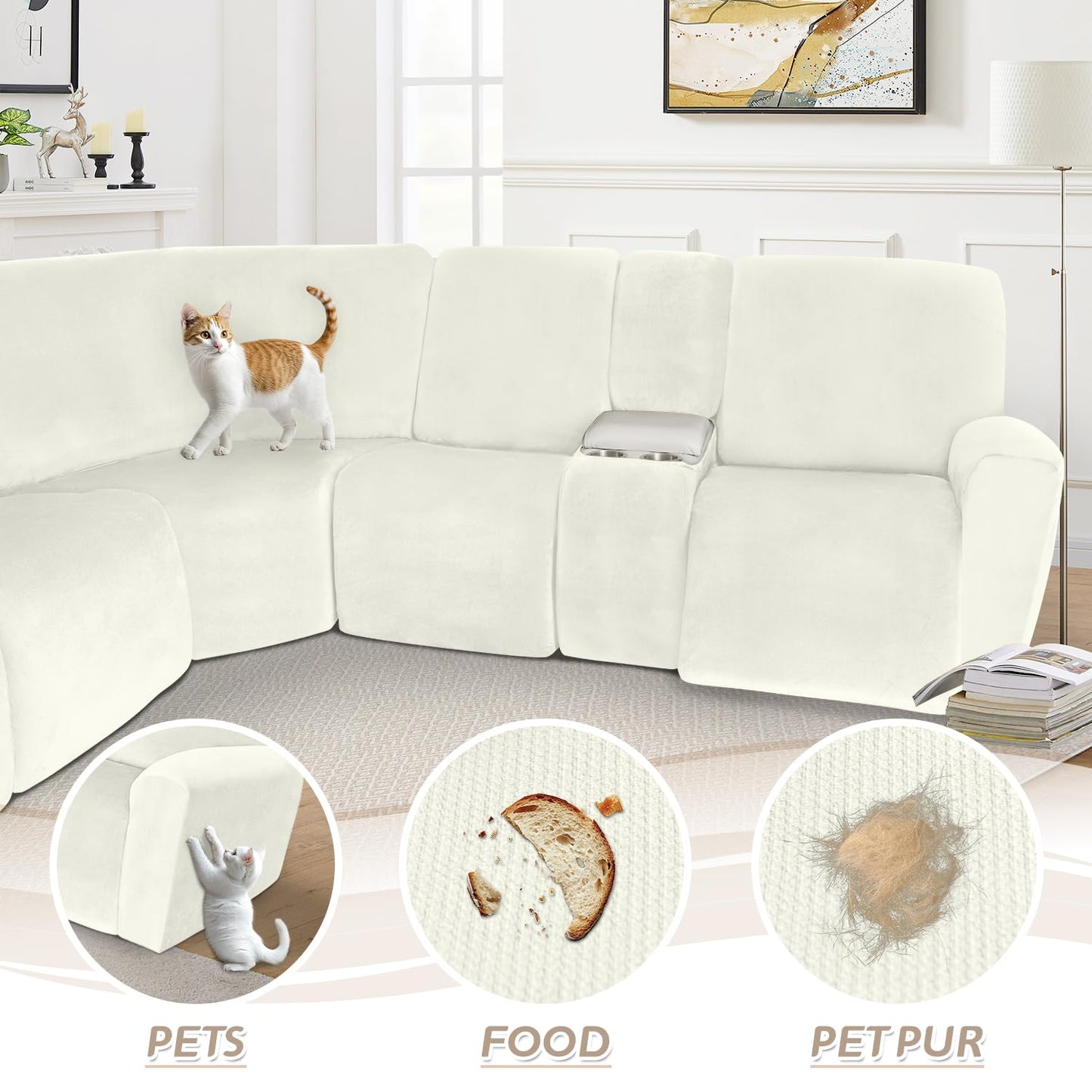 Arfntevss Sectional Recliner Couch Covers Velvet Washable Corner Sectional Sofa Cover for Reclining Stretch Soft Thick L Shape Recliner Slipcover Set (5 Seat with 1 Console Cover, Cream)