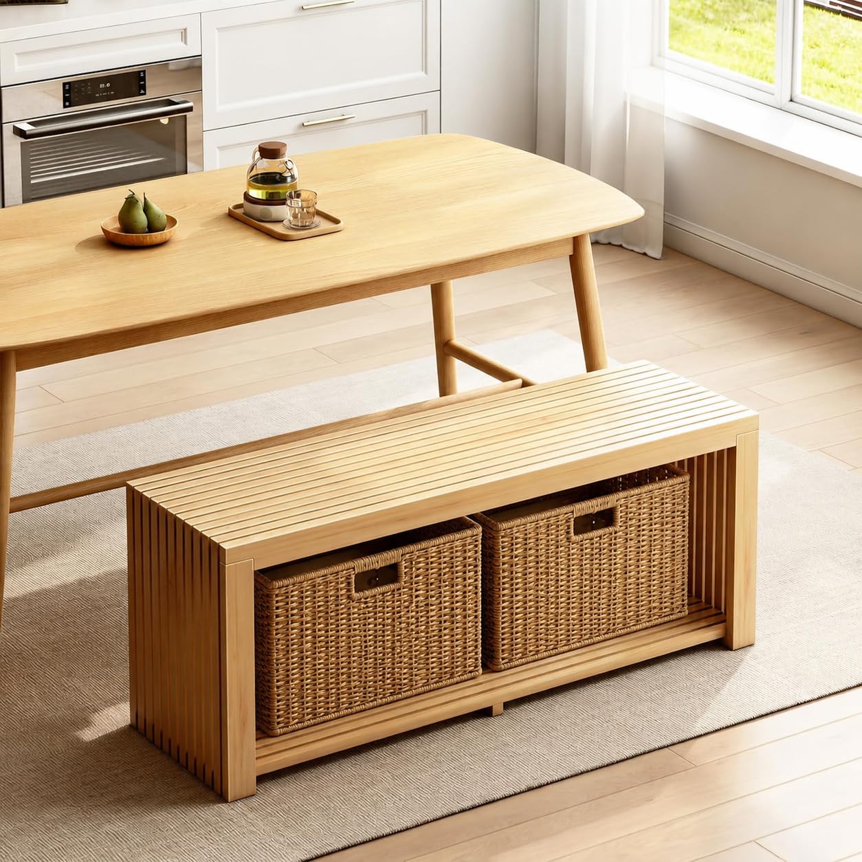Bamboo Bench with Shelf, 35-in Entryway Bench Seat for Indoor, Natural
