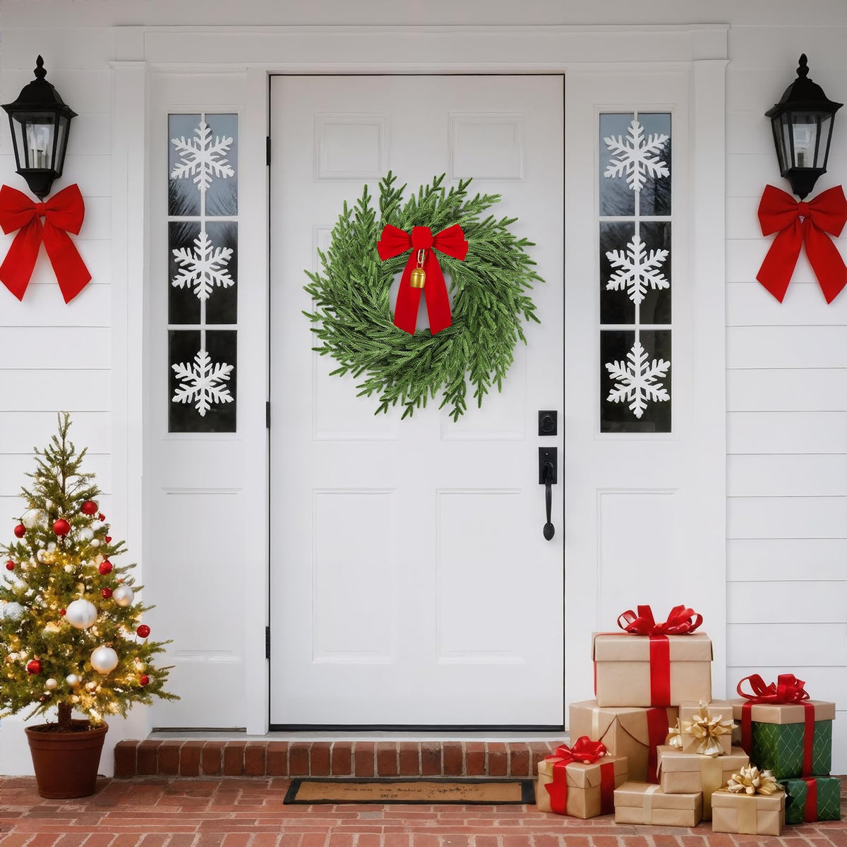 AMORISE 26" Christmas Wreath for Front Door, Artificial Wreath with Bow and Bell,Real Touch Pine Winter Wreath Christmas Decoration for Porch,Window,Wall,Thanksgiving Day Harvest Festival