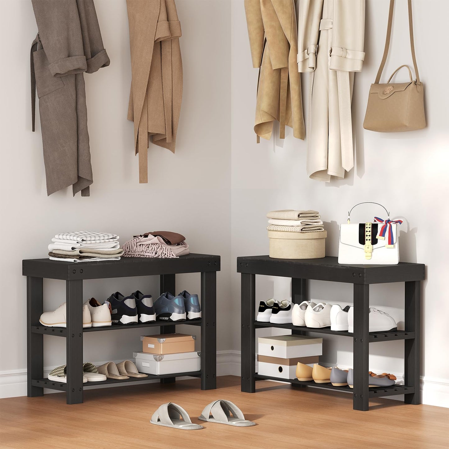 Sweetcrispy 3-Tier Shoe Rack Bench for Entryway, 286lb Capacity, Black