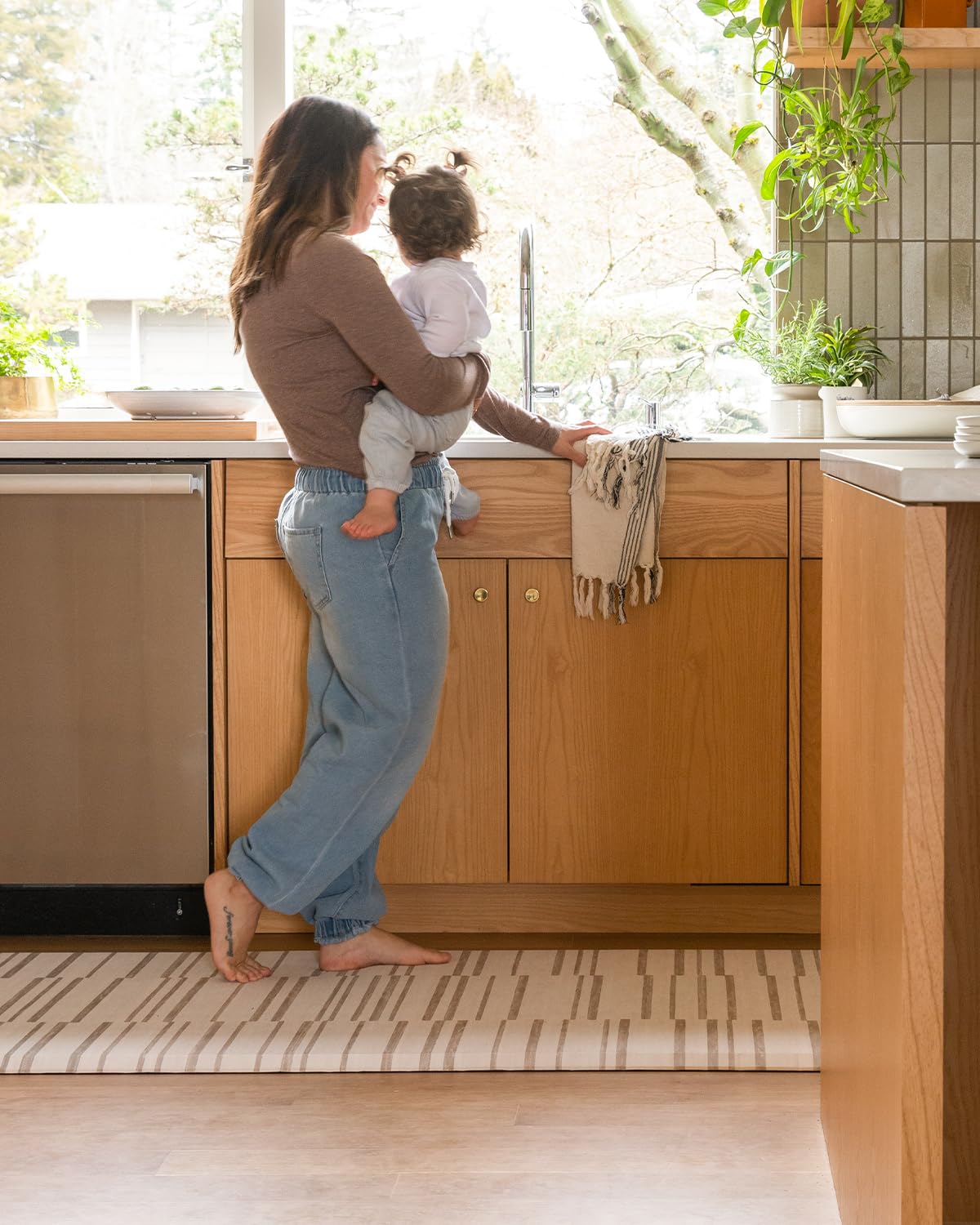 House of Noa Nama Standing Mat – Anti-Fatigue Kitchen Mats for Floor, Cushioned & Non-Slip Comfort Mat for Standing, Thick Foam Anti-Fatigue Mat for Kitchen & Workspaces, Nara Stripe Natural 30" x 72"