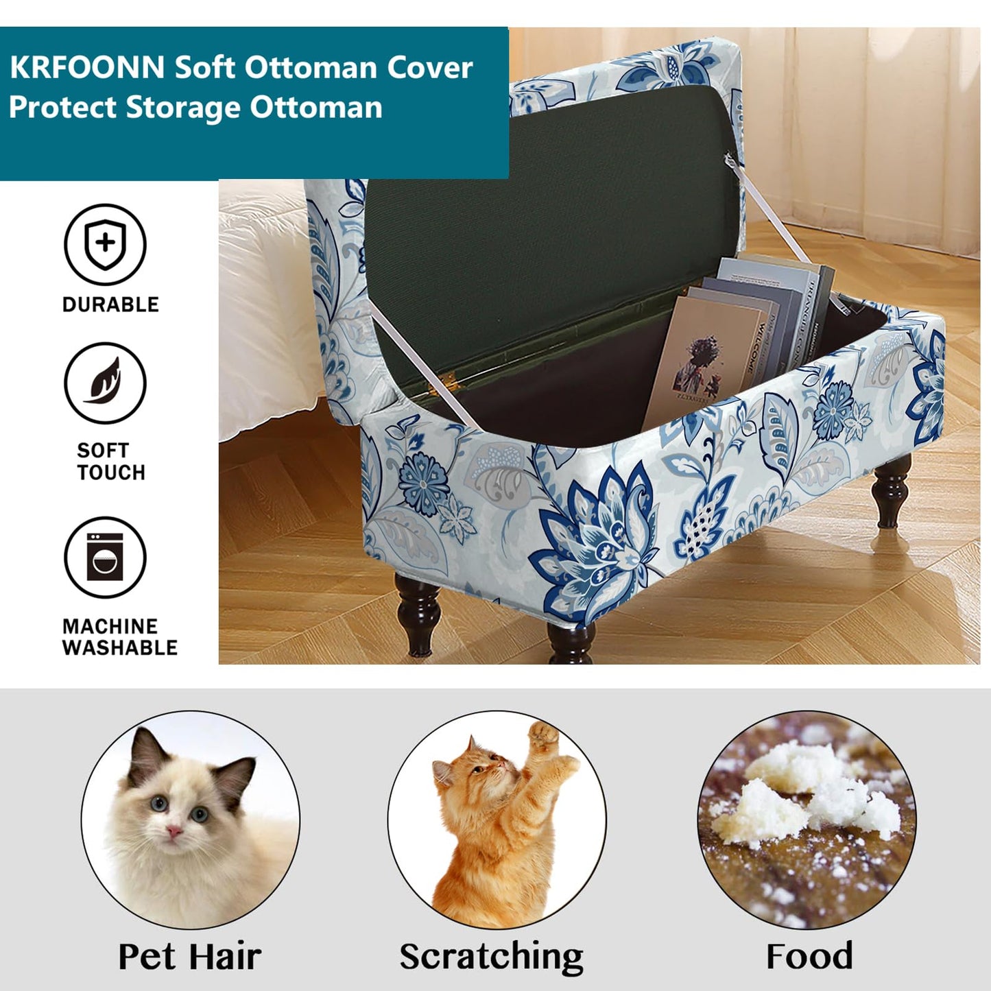 KRFOONN Rectangle Ottoman Covers Stretch Folding Storage Ottoman Bench Cover Printed Storage Footstool Covers Footrest Stool Slipcover Furniture Protector for Living Room Bedroom Bench (Small, 15)