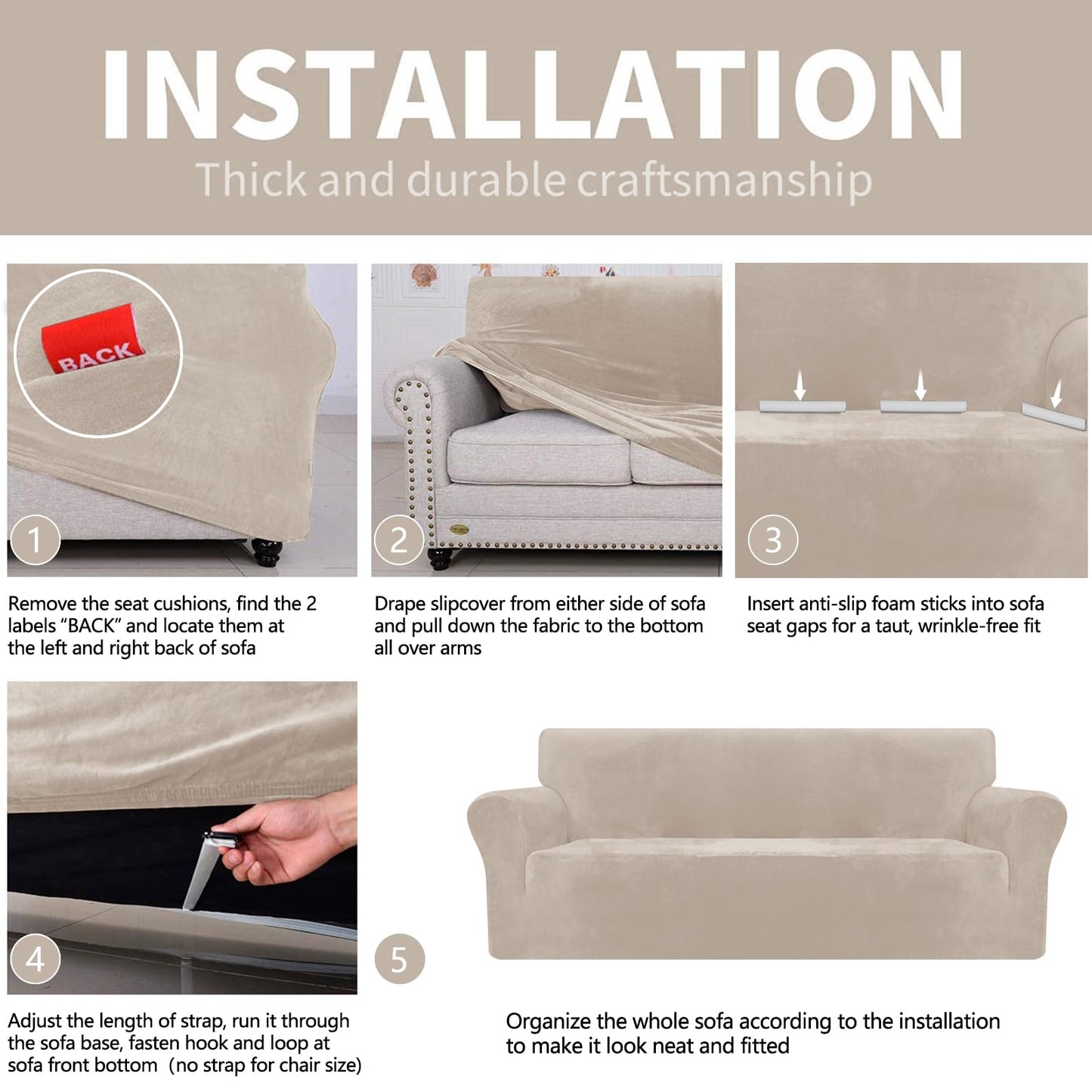 YEMYHOM Real Velvet Couch Covers for 2 Cushion Couch High Stretch 1 Piece Loveseat Slipcover for Pets Dogs Anti Slip Love Seat Sofa Slipcover Furniture Protector (55"-69", Khaki)
