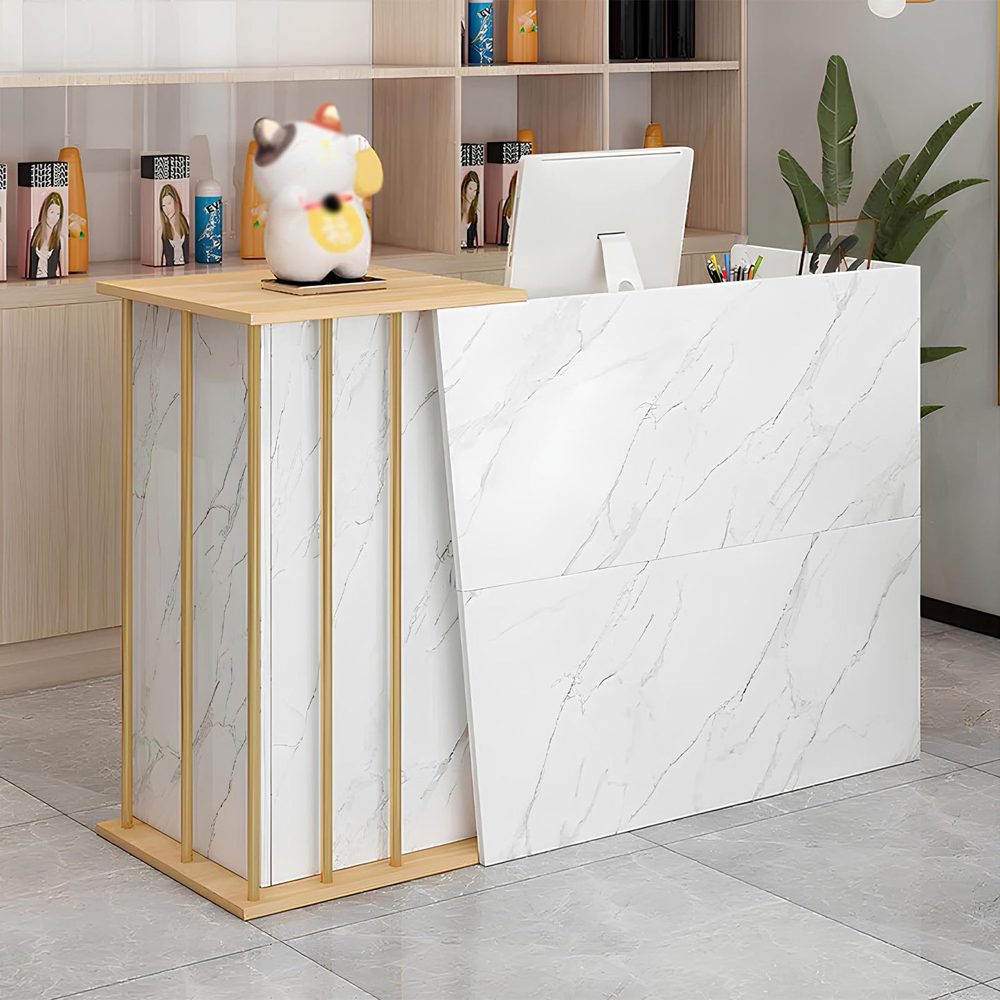 Modern Reception Desk with Counter, Simple Retail Counter Checkout Counter with Lockable Drawers and Storage Cabinet, for Office Lobby Salon, White Marble