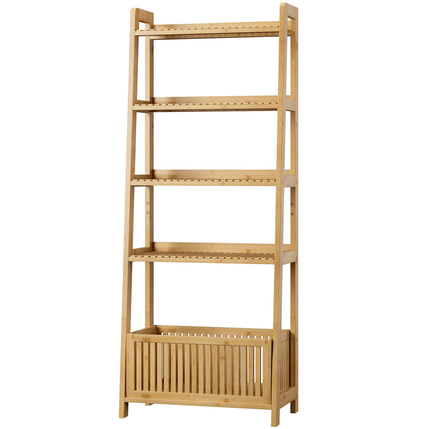 Bamjoy Bamboo Ladder Shelf, Bookshelf with 4 Display Shelves and 1 Open Storage Basket, Multifunctional Storage Rack Organizer for Home Office, Bedroom, Living Room, 66” H Natural