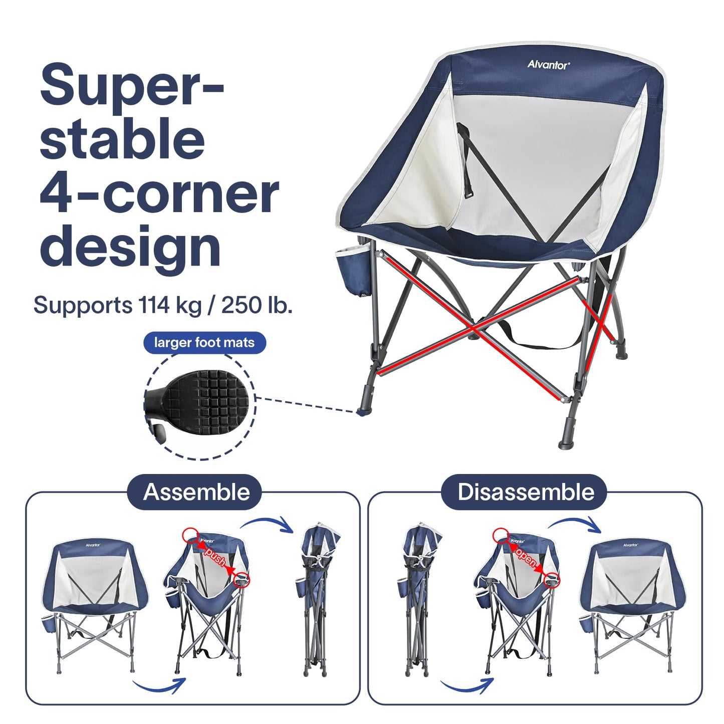 Alvantor Folding Camping Chair with Breathable Mesh, Portable Outdoor Chair for Adults, Heavy Duty Steel Frame Supports 250 lbs, Built-in Cup Holder, Carry Strap for Camping Beach Sports Tailgating