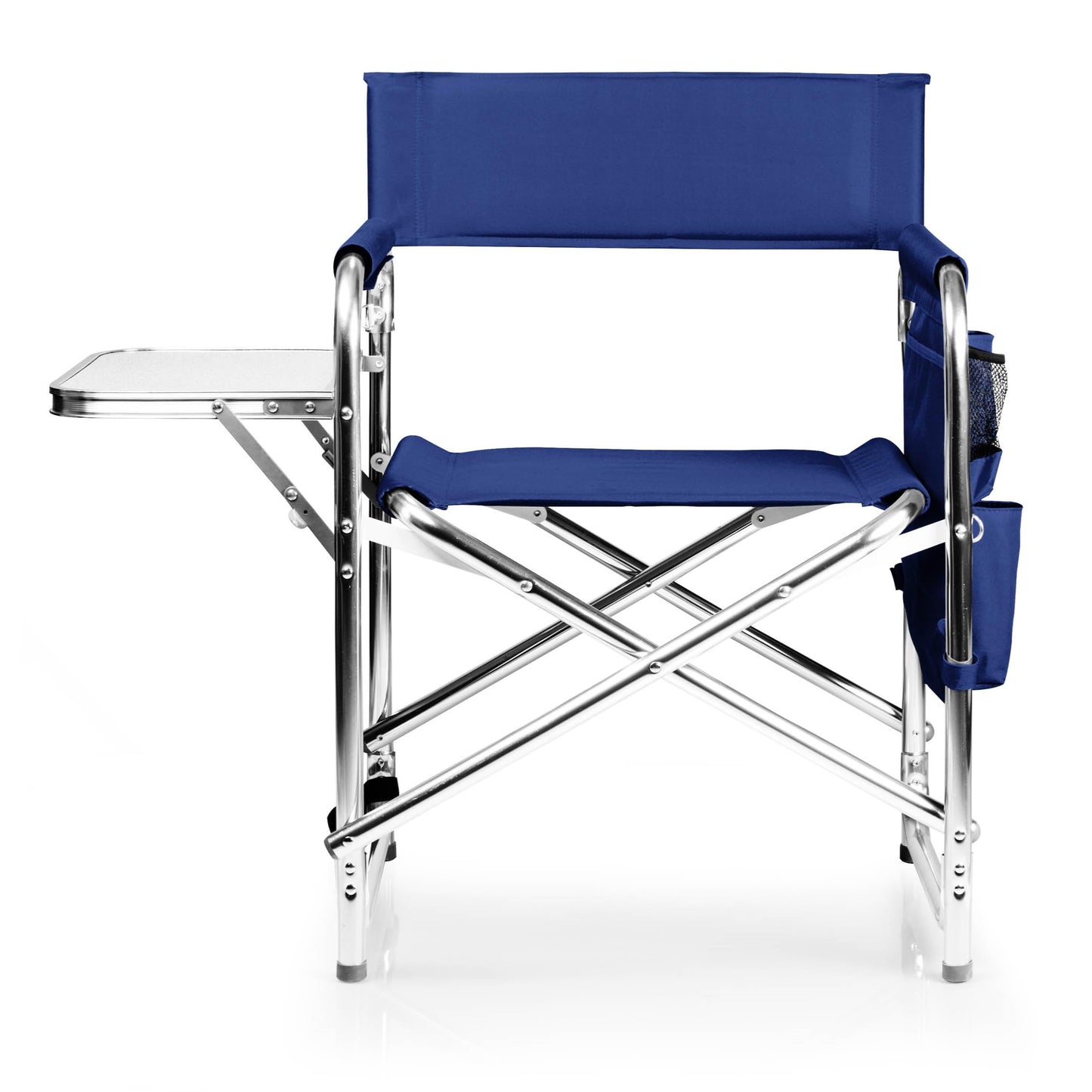 PICNIC TIME Sports Chair with Side Table and Armrest Caddy, Lightweight Aluminum Folding Outdoor Camping Chair for Adults, Portable Director Style Lawn Seating with Pockets & Carry Strap, (Navy Blue)