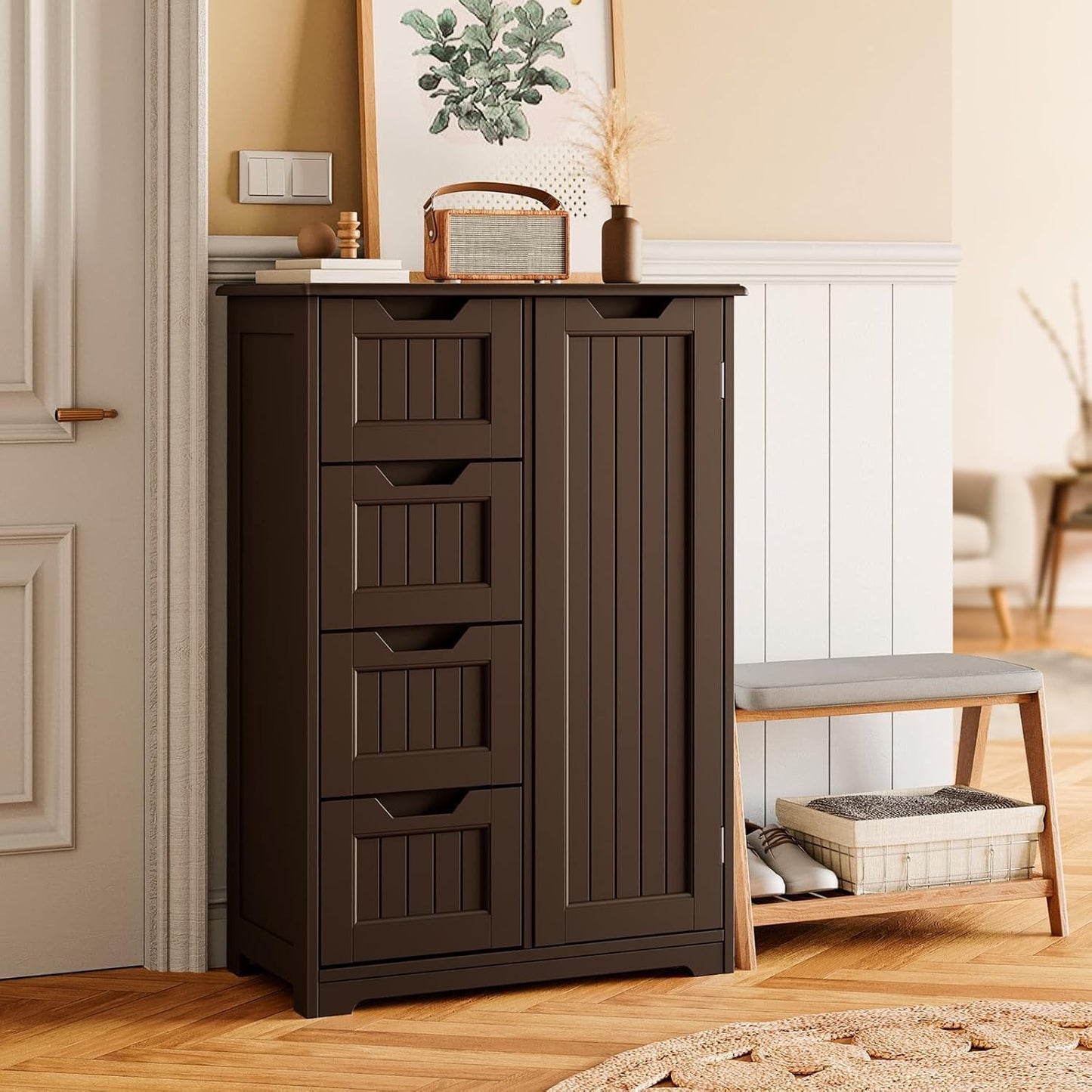 Gizoon Small Kitchen Pantry with Door and Shelves, 33'' Pantry Storage Cabinet Freestanding Wooden Bathroom Storage Cabinet with 4 Drawers for Kitchen and Dining Room, Dark Brown, Painted