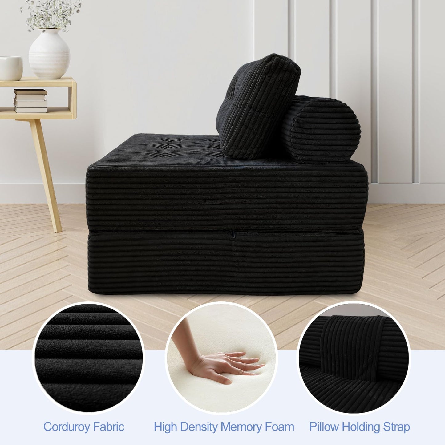 ANONER Sectional Cloud Couch, Folding Sofa Bed with Memory Foam & Pillow, Convertible Futon Chair Floor Couch, Boneless Chaise Lounge, Fold Out Sleeper Chair for Living Room, Bedroom, Black