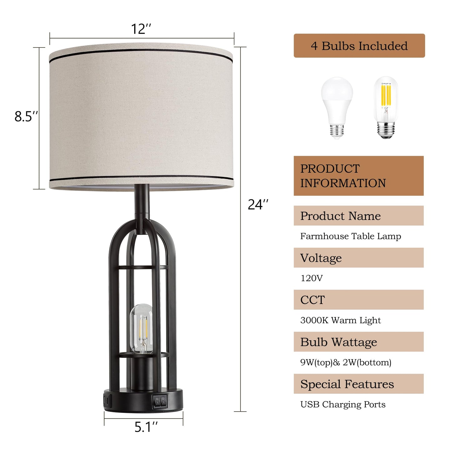 SRJJA Black Table Lamps for Living Room Set of 2 - Farmhouse Industrial Lamps for Night Stands with Night Light & USB A+C, 24" Rustic Bedside Lamp for Bedroom, Bulbs Included