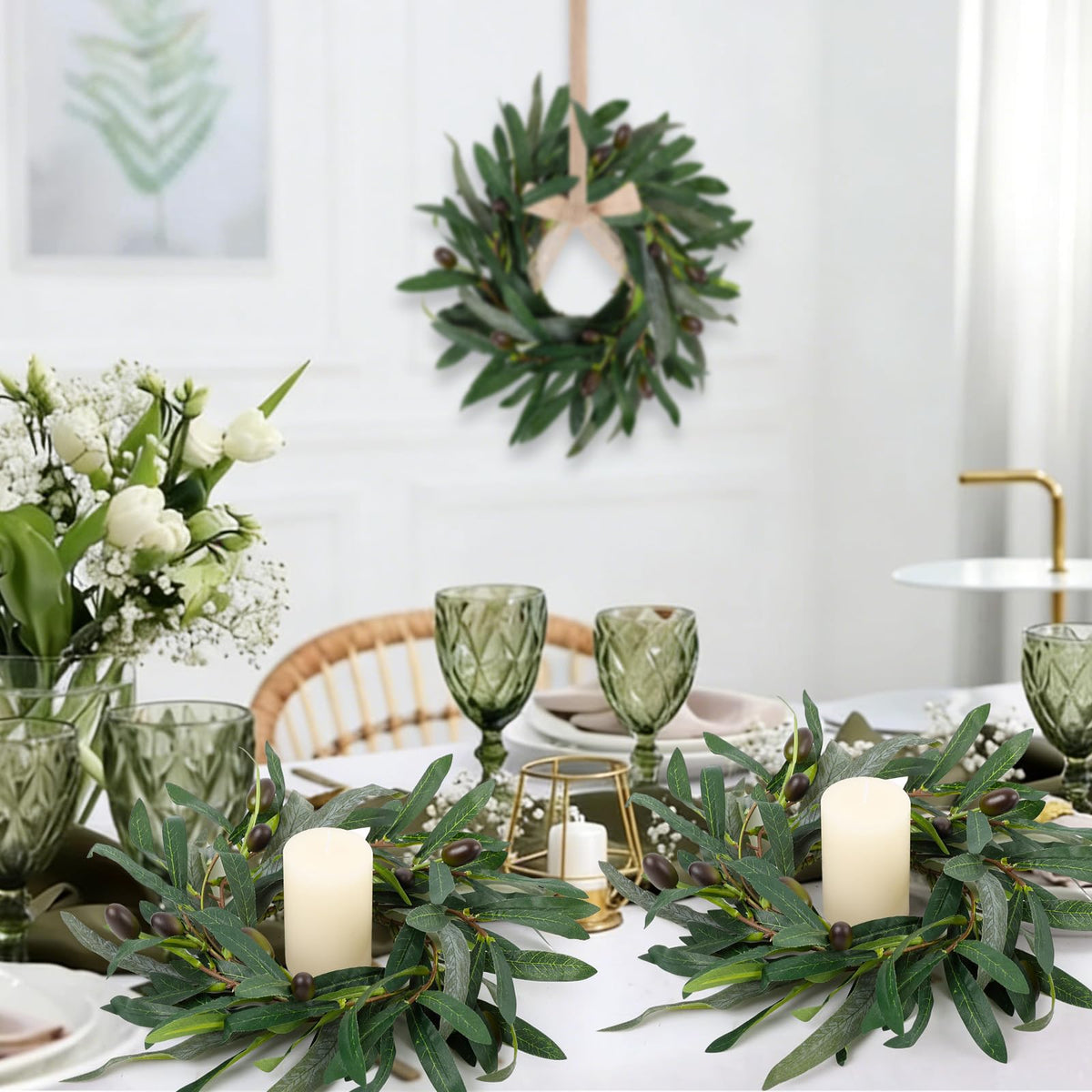 4 Pcs Artificial Green Olive Candle Rings Wreaths Greenery Wreath with Olive Leaves Spring Summer Kitchen Cabinet Wreath for Pillars Farmhouse Festival Wedding Celebrations Tabletop Decoration