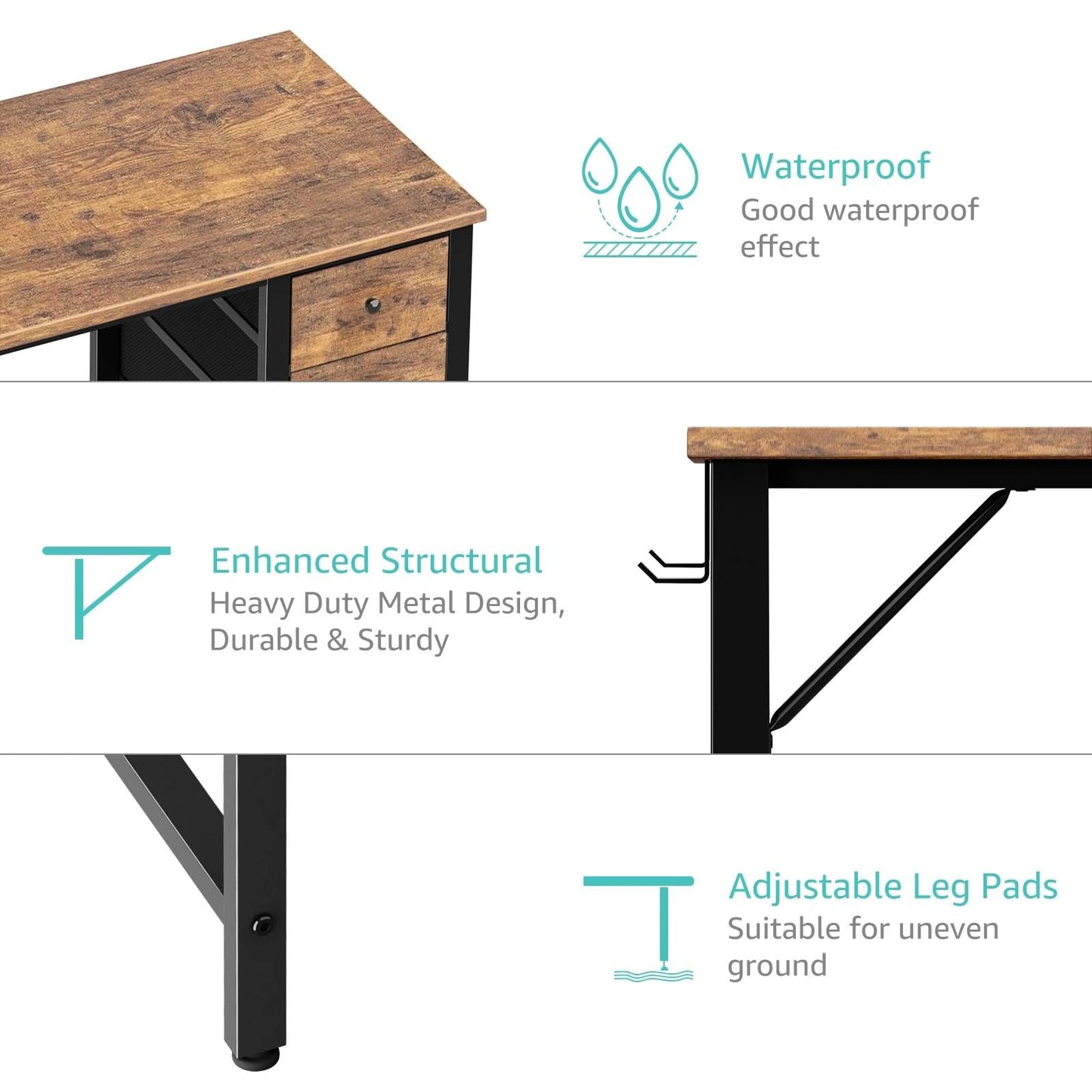 Lufeiya 47 inch Computer Desk with 4 Drawers, Reversible Writing Work Study Desk for Home Office Bedroom, Modern Simple Student PC Desks, Rustic Brown