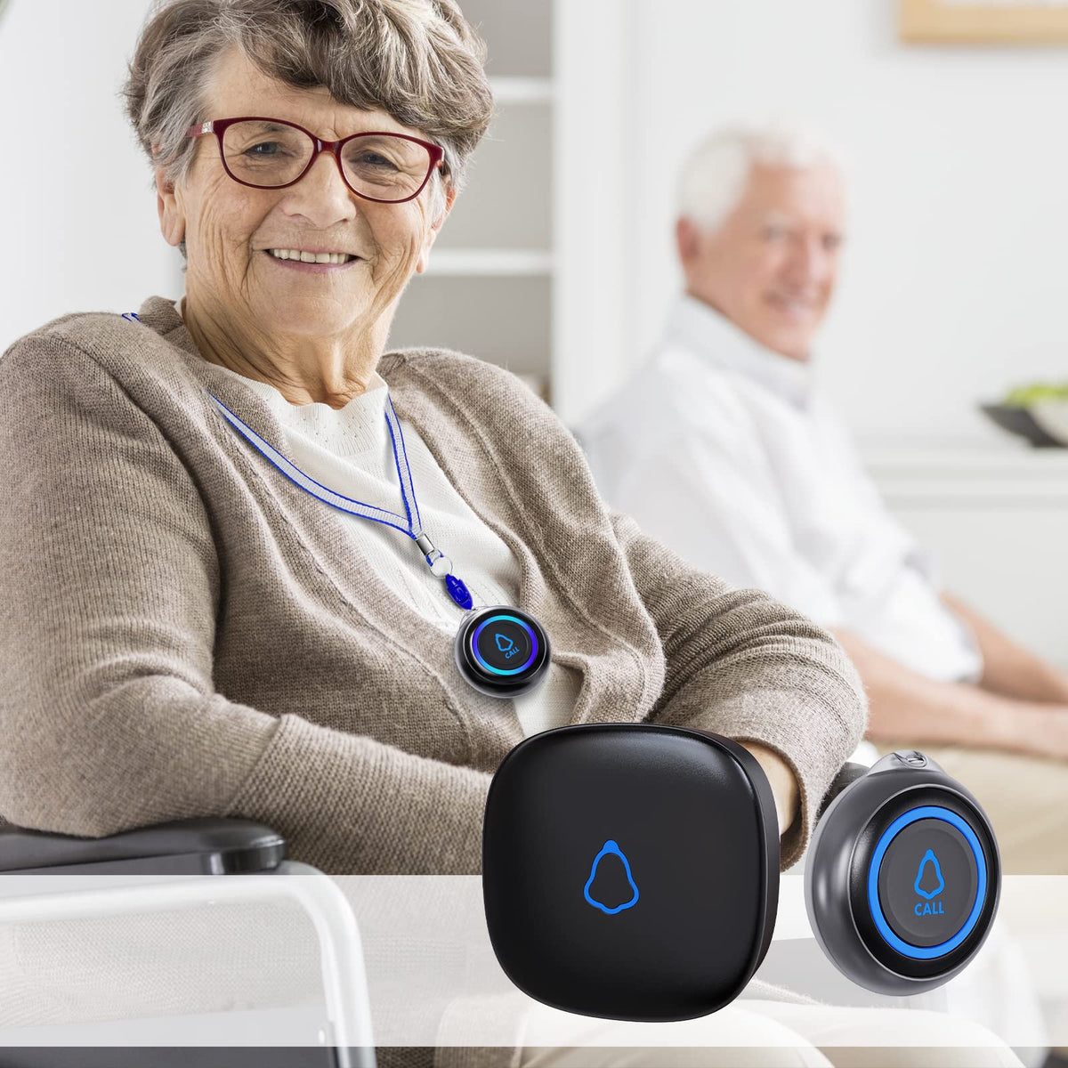 Caregiver Pager, Wireless Call Button for Seniors/Elderly at Home, 2 SOS Buttons + 2 Receivers Medical Life Alert System, Emergency Panic Call Bell, Nurse Calling & Patient Assistance Alarm