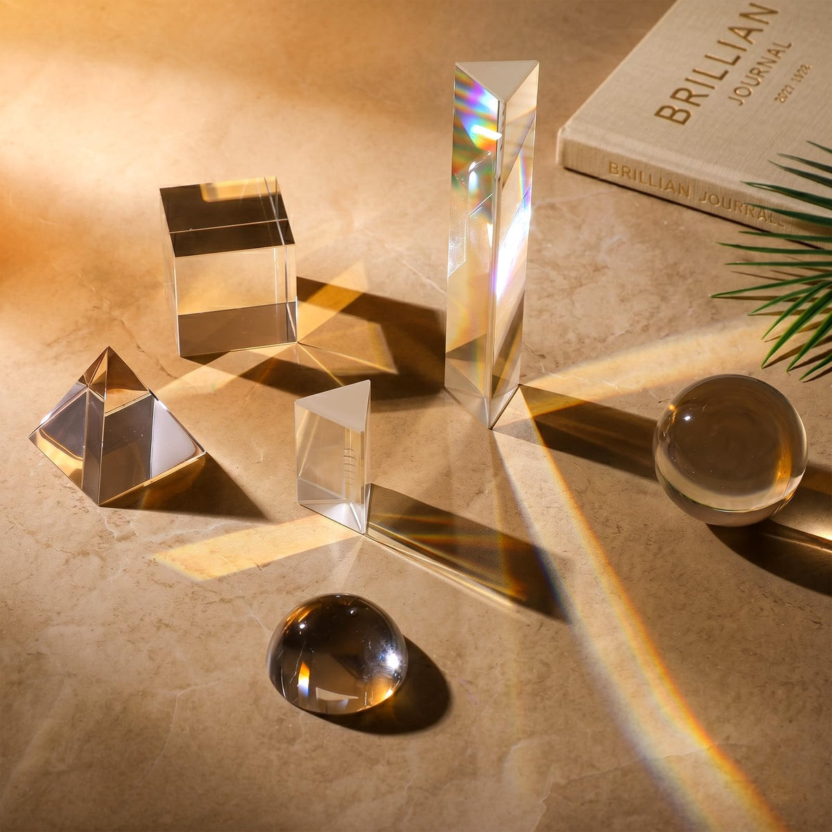 6 Pack K9 Optical Crystal Photography Prism Set Include 50mm and 150mm Clear Triangular Prism 50mm Lens Ball, Cube,Optical Pyramid and 60mm Dome Magnifying for Photography Effects Physics Optics