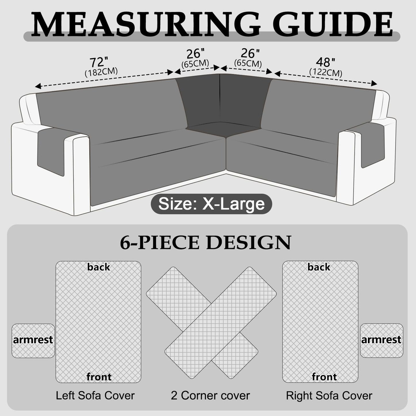 HDCAXKJ Waterproof Sectional Couch Cover L Shaped Sofa Covers Washable Corner Sectional Slipcovers Dog Pet Proof U Shape Furniture Protector with Upgraded Anti Slip Strips (X-Large, Dark Grey)