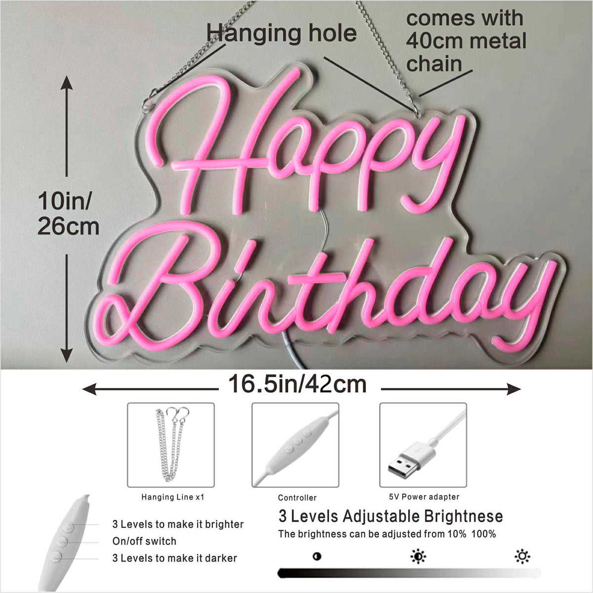 Happy Birthday Neon Sign Home Decor Lights Bedroom Wall Decor Night Light Happy Birthday Light Up Sign Birthday Party Decoration Dimmable Switch Reusable LED Neon USB Power Supply 5V (Pink)