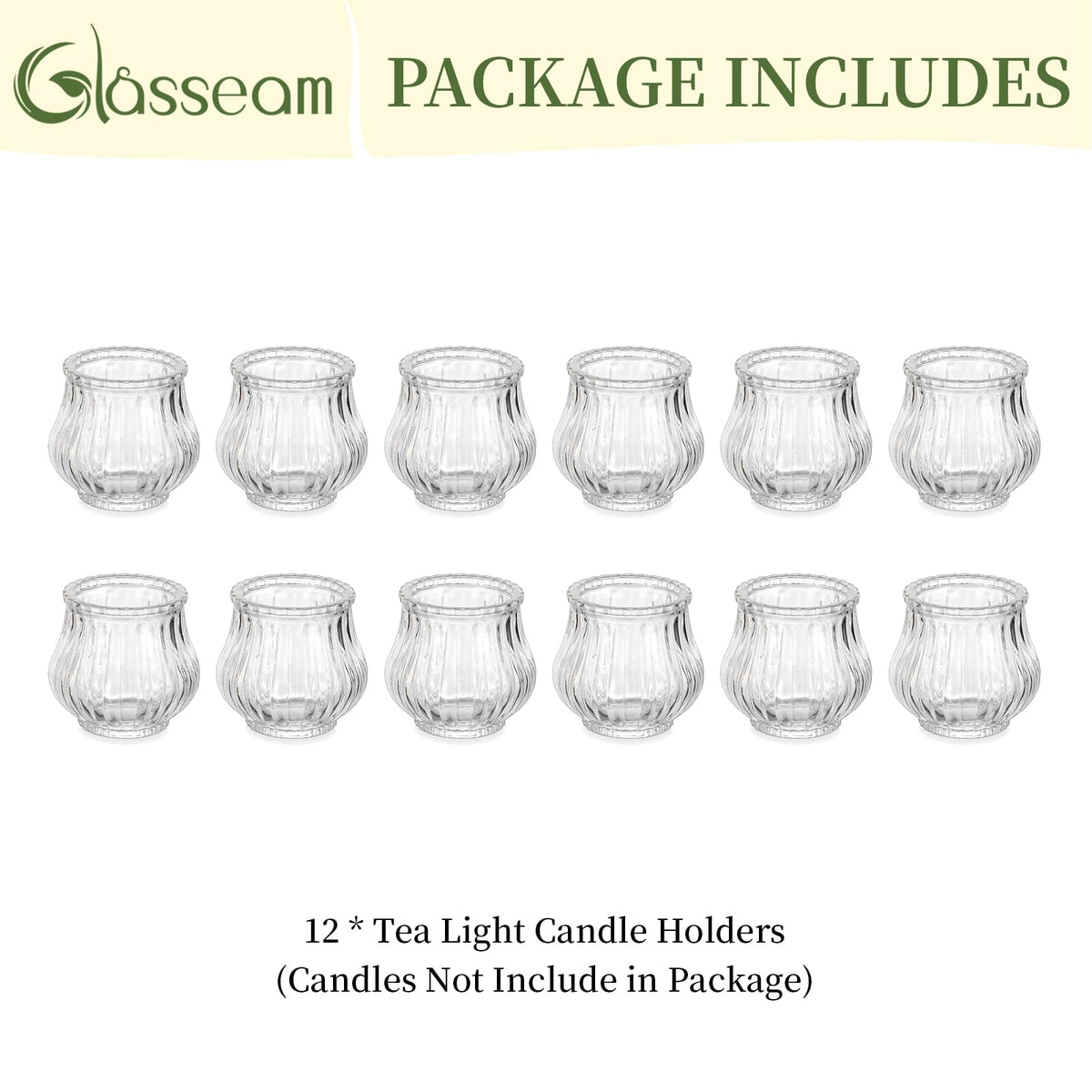 Glasseam Glass Tealight Candle Holder: 12 Pcs Ribbed Clear Votive Candle Holders Bulk for Wedding Centerpiece Christmas Table Decorations Party