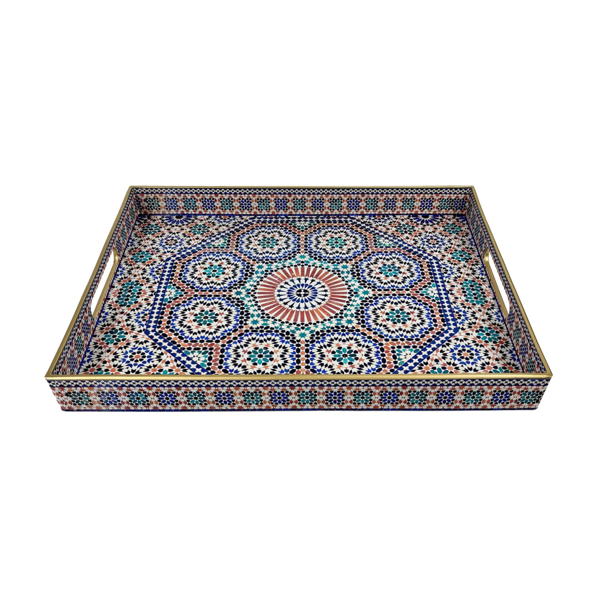 Plastic Coffee Trays,Serving Tray,Bohemian Blue Tray,15.7" L x 11.8" W x 1.57" H,Lightweight and Non-Slip with Handles,Perfect for Restaurants,Cafés,and Home Use(Rectangle Bohemian Blue)