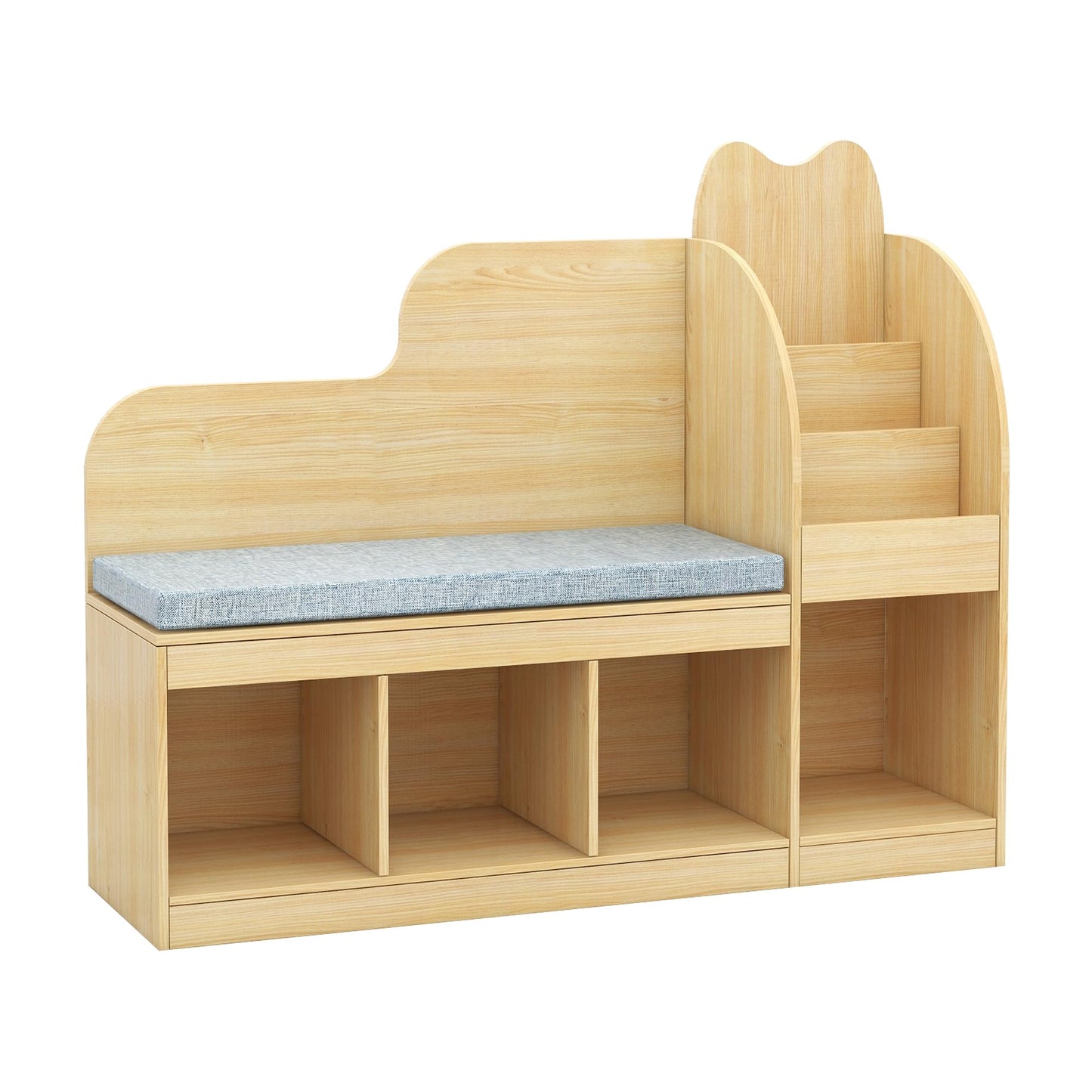 TaoHFE Kids Bench with Bookshelf & Toy Storage, Engineered Wood Toddler Reading Nook with Removable Cushion, Cubby Organizer & Bookcase for Playroom Bedroom Nursery