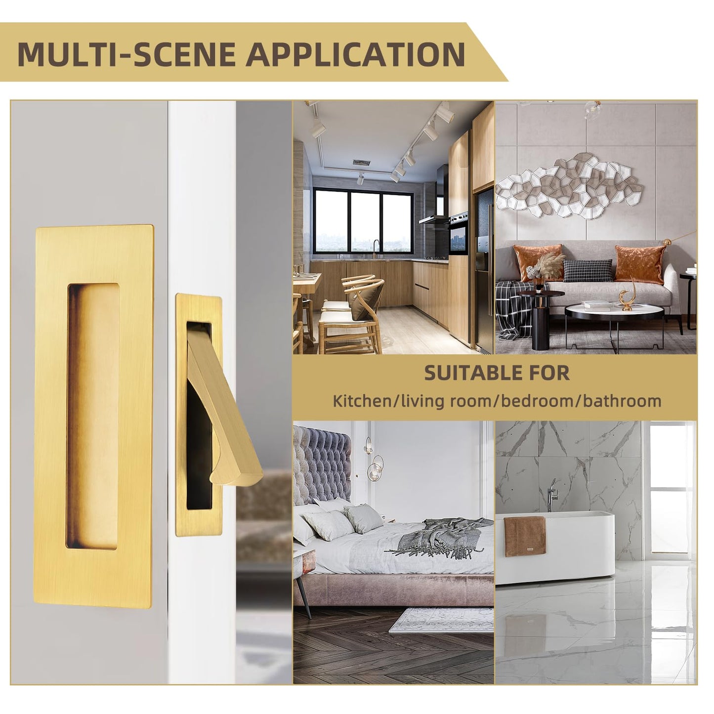 senharvest Pocket Door Handles and Edge Pull Brushed Brass, 6Inch Handles Hardware Latch,Recessed Finger Flush Pulls,for Closet,Sliding,Barn Door