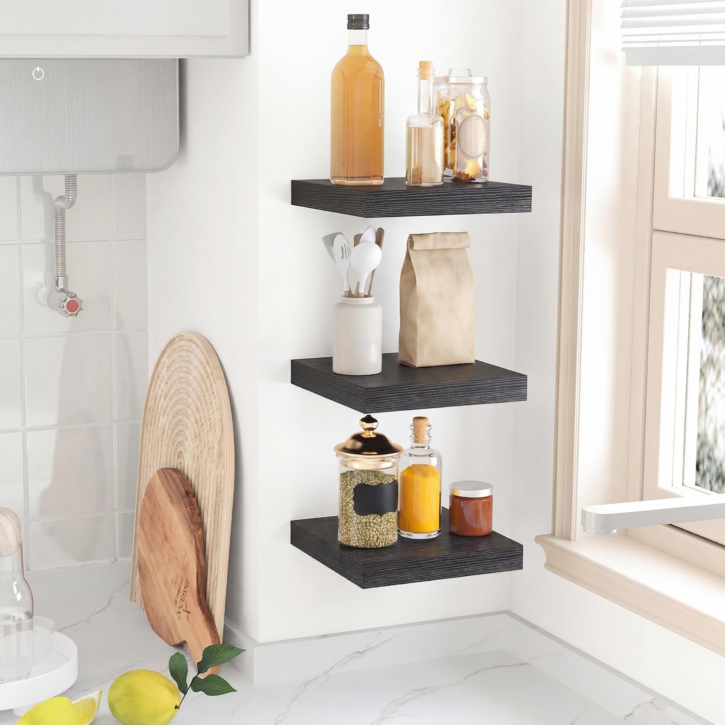 Fixwal Floating Shelves for Wall, 8 Inch Small Black Shelves Wall Mounted Shelf for Bathroom, Living Room, Bedroom, Kitchen Decor (Set of 3, 8x8)