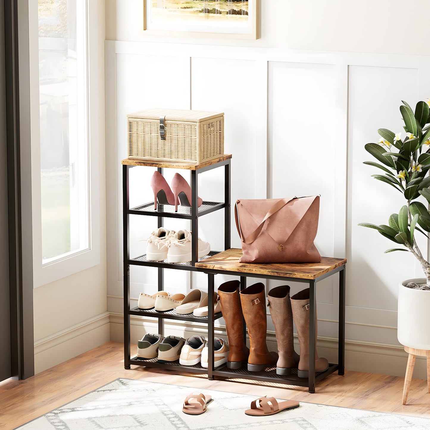 Katrawu Shoe Rack Bench for Entryway,Free Standing Shoe Storage Organizer for Front Door Entrance,4-Tier Boot Rack Holder Shelf for Closet with Seat,Sturdy Shoe Shelves for High Heels(Brown)