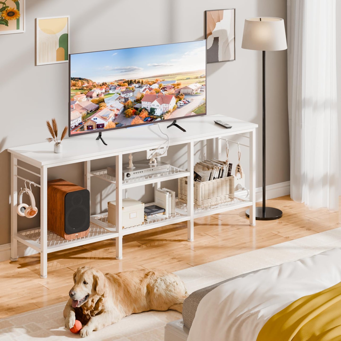 Furologee TV Stand with Power Outlets, Entertainment Center with Open Storage Shelves for TVs up to 55 Inch, TV Media Console Table with Soundbar Shelf for Living Room, Bedroom, White