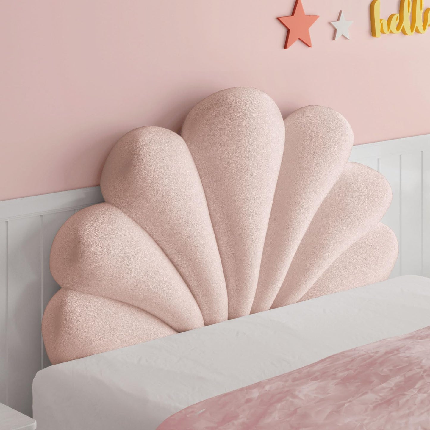 Rucener Queen Size Seashell Headboard Cushion, Soft PP Cotton Filled Upholstered Shell Headboard Pillow, Aesthetic Scalloped Wall Panel Free Standing, Coastal Decor for Teen Grils Bedroom (Pink)