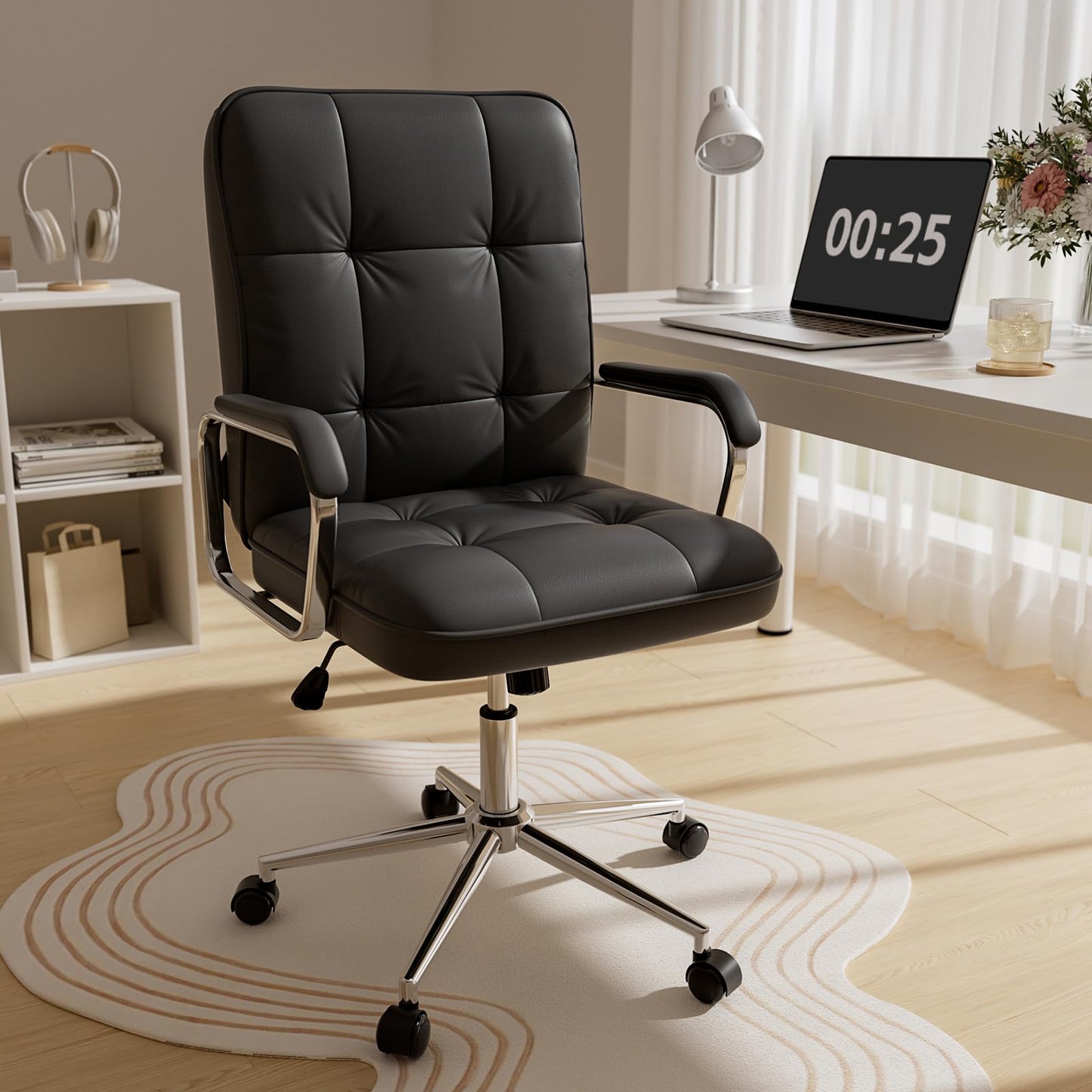 HomeZeer Black Office Chair, Mid Back Leather Desk Chair with Wheels and Padded Arms, Swivel Vanity Chair for Bedroom, Computer Chair for Study and Work