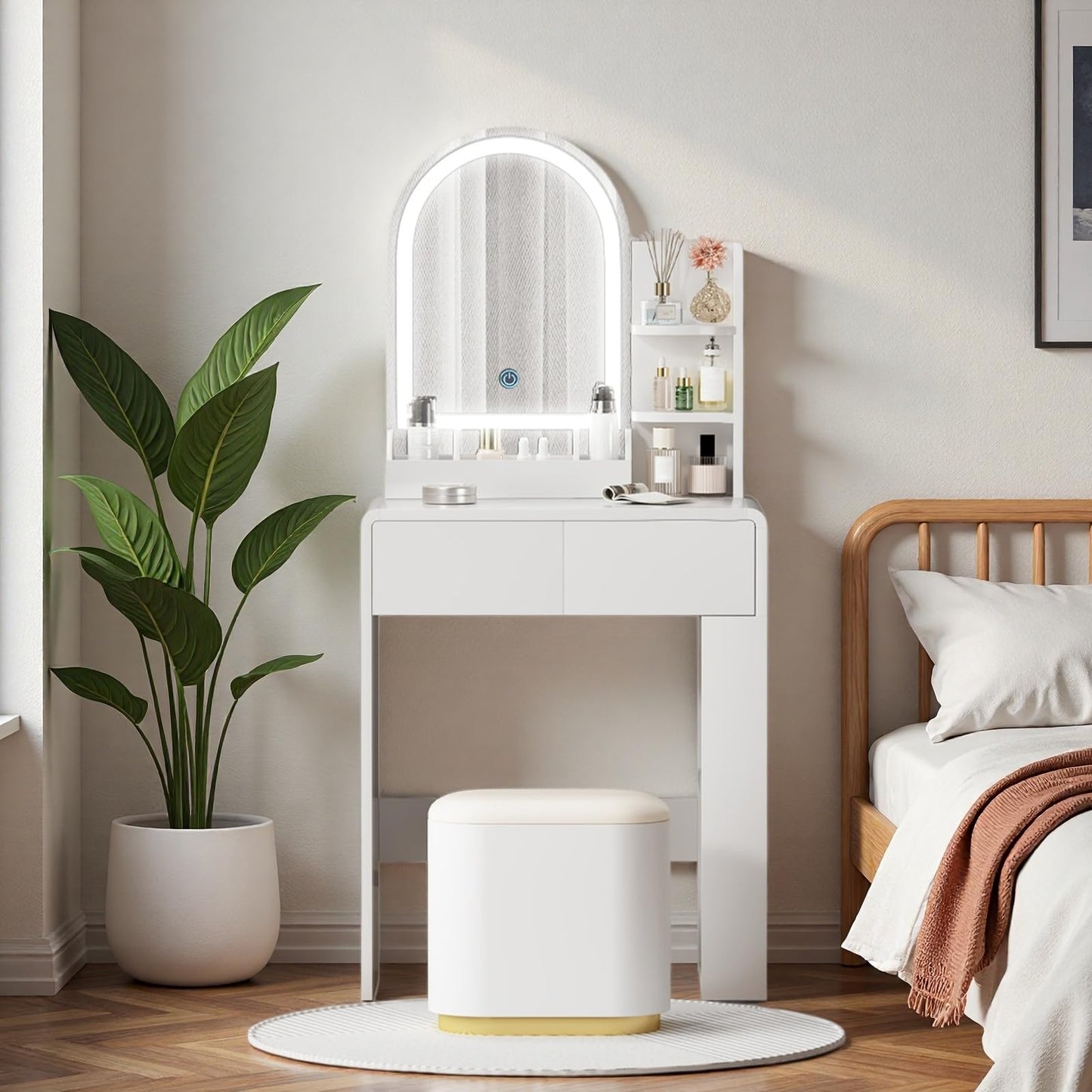 JanflyHome Vanity, Small Vanity Desk with Mirror and Lights, Side Shelf Storage Space, Compact Girls Dressing Table in Bedroom, Modern Round Curved Design, White