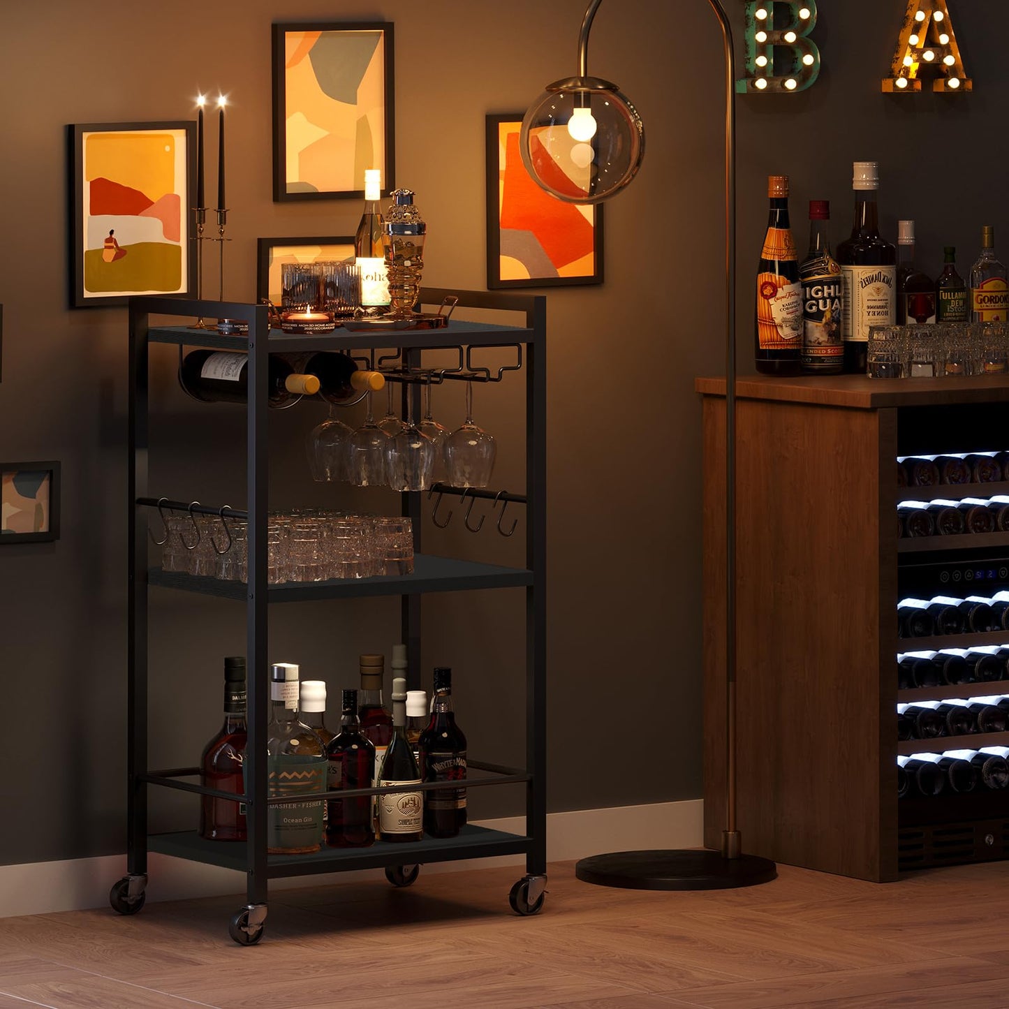TUTOTAK Bar Cart, Home Bar Serving Cart, Microwave Cart, Drink Cart, Mobile Kitchen Shelf with Wine Rack and Glass Holder, Rolling Beverage Cart Living Room, Kitchen, Black BC01BK032