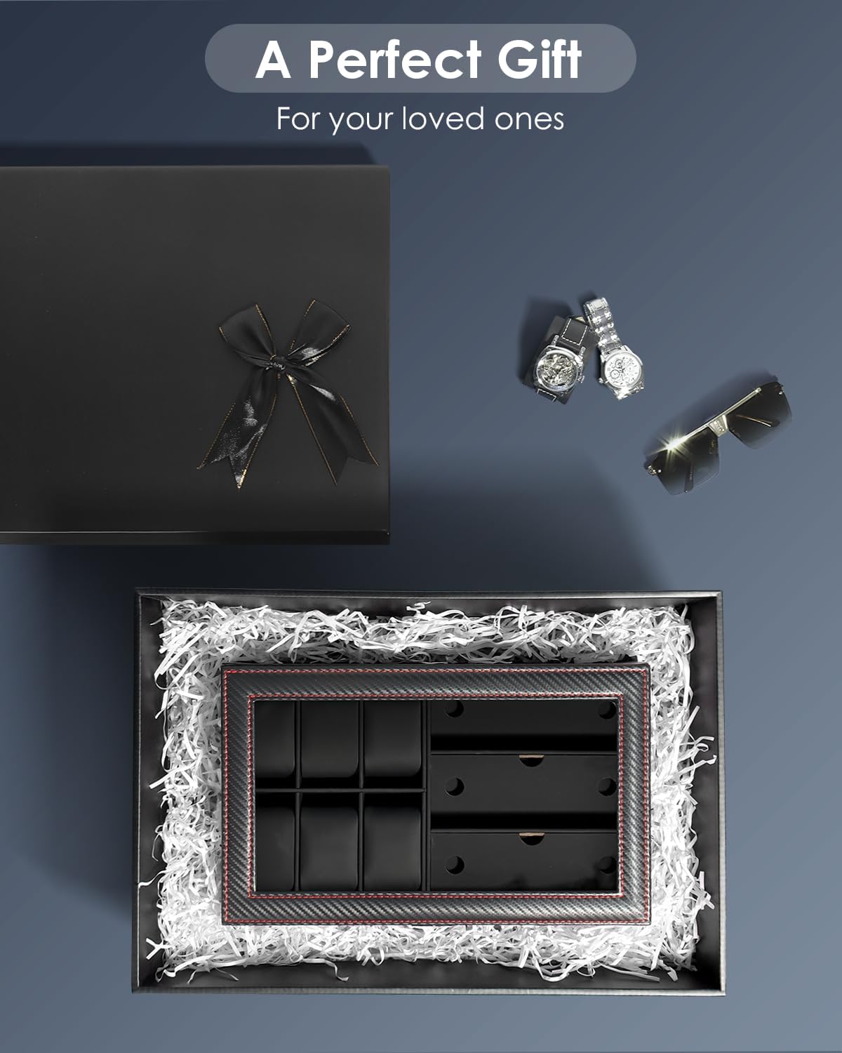 Kukikan Watch Jewelry Box Organizer, 6-Slot 2-Layer Watch Case and Sunglasses Storage with Large Glass Lid, Men's Jewelry Box with Lock, Watch Holder Display Case, Fathers Day Gift for Dad