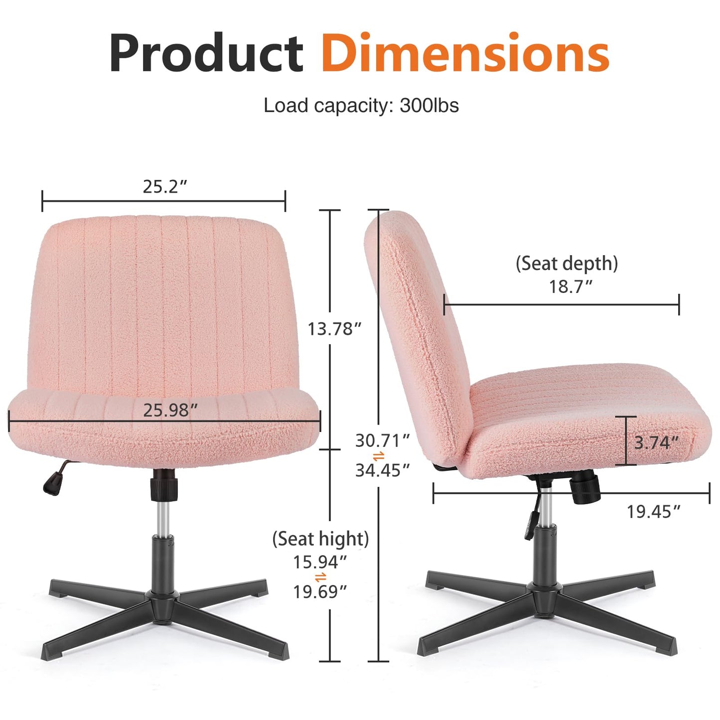 Sweetcrispy Criss Cross Chair Legged, Furry Armless Office Swivel Desk Chairs No Wheels, Vanity Height Adjustable Wide Seat Comfy Cute Computer Task Chair for Home Bedroom, Teddy Pink