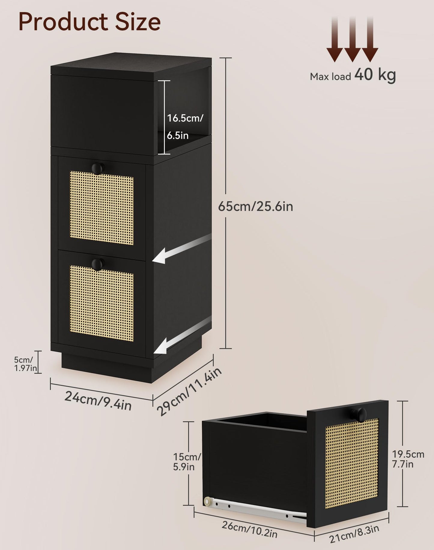 YMYNY Rattan Nightstands Set of 2, Boho Bedside Table with Open Shelf, 2 Drawers, 9.45" x 11.42" x 25.59", Narrow Side Table, Bedside Cabinet for Bedroom and Small Spaces, Black UHST017B-2